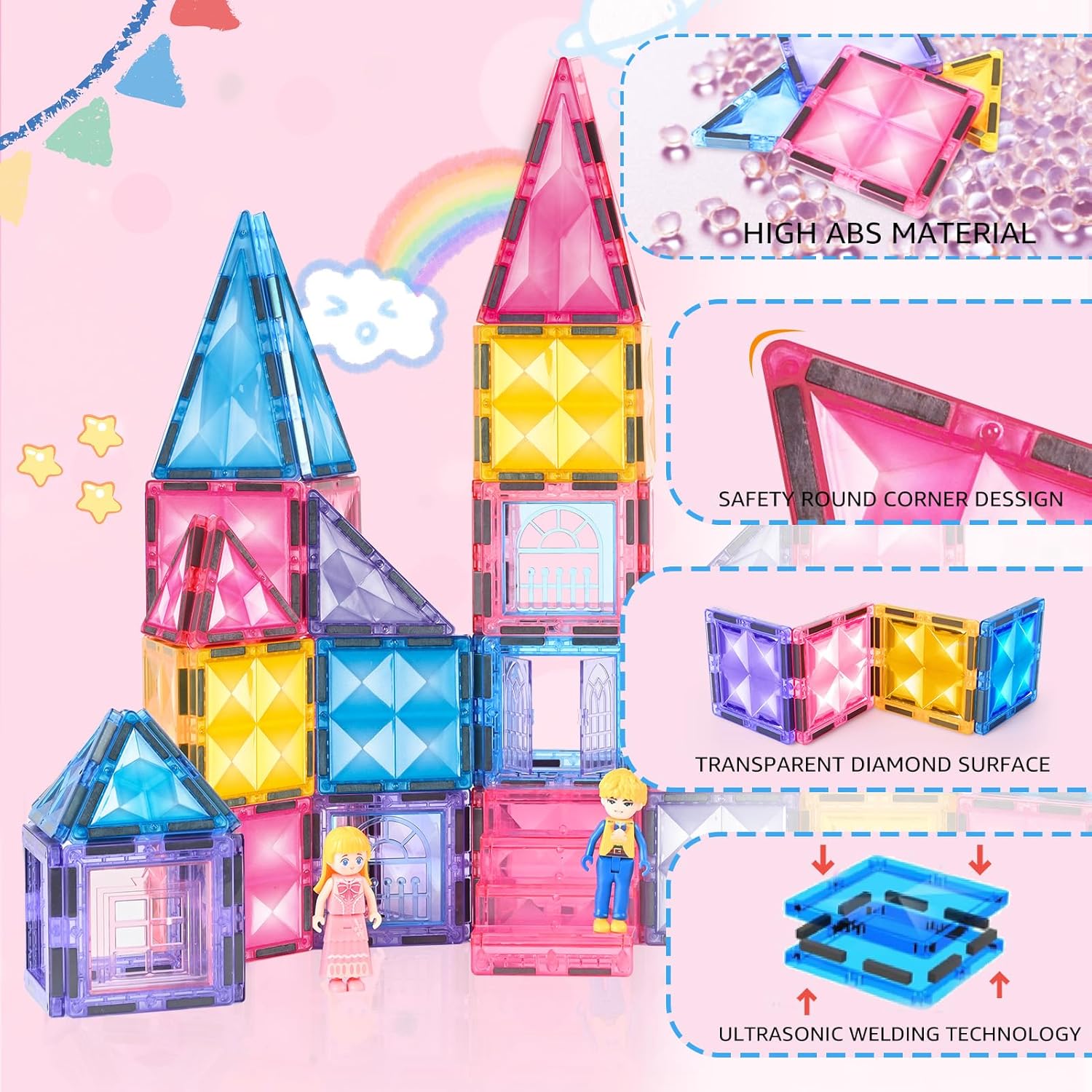 Pink Castle Magnetic Tiles for Kids Ages 3-8, 3D STEM Toys with Sparkling Building Blocks, Creative Educational Gift for Boys and Girls, Preschool Learning Toys for Birthday