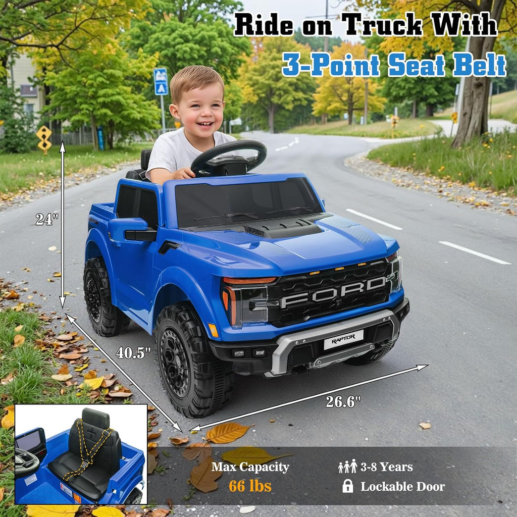 12V Ride on Car Licensed Ford F-150 Raptor, Kids Electric Car with Remote Control, LED Light/Music/MP3, Truck Bed Storage, 3-Point Seat Belt (12V, Blue)