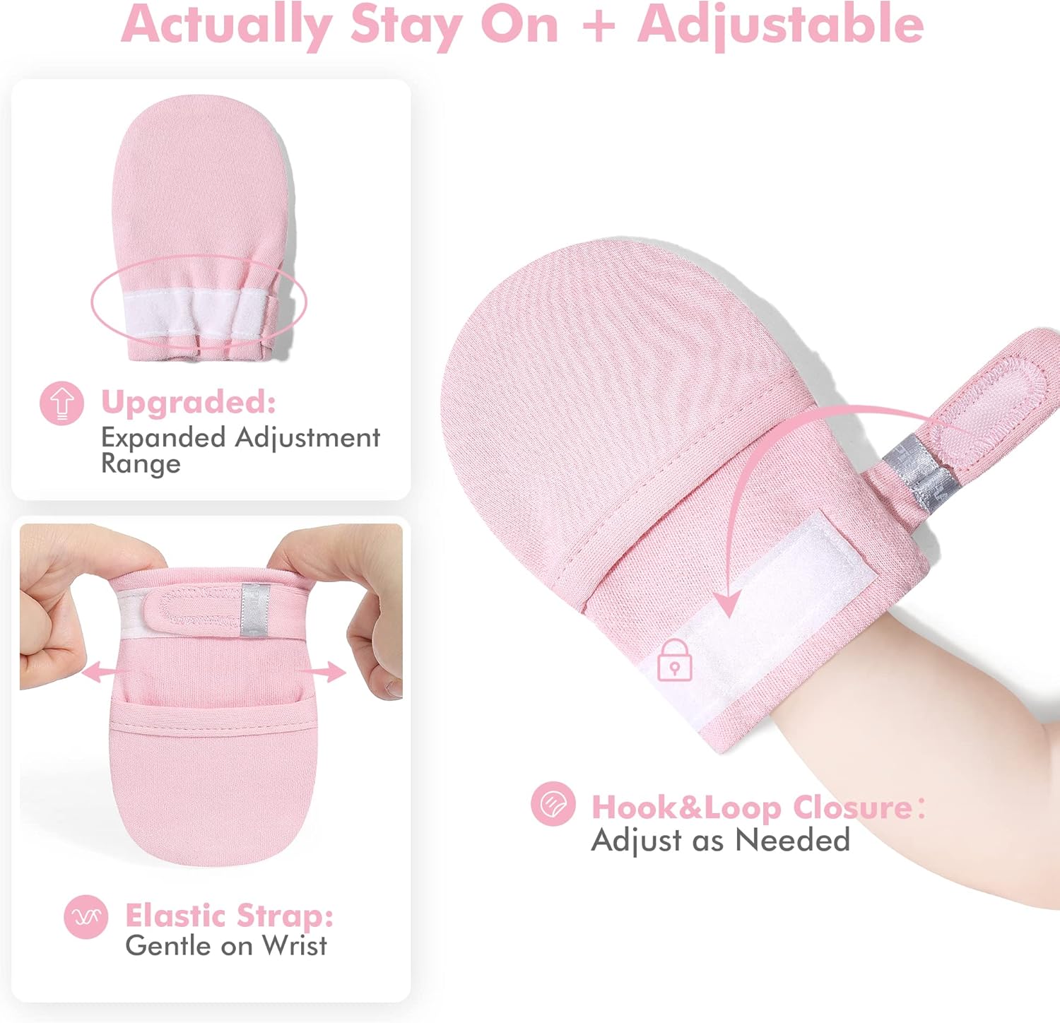 HAPIU Baby No Scratch Mittens Stay On, 100% Cotton Breathable, Adjustable Infant Gloves for Boys Girls, Newborn - 12 M