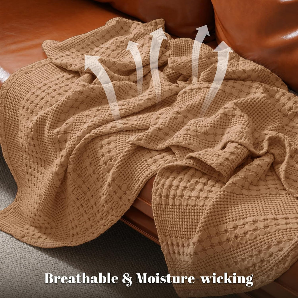 PHF 100% Cotton Waffle Weave Throw Blanket, Soft Lightweight Breathable Cozy Summer Throws for Couch Bed Sofa, Luxury Aesthetic Woven Blanket for Home Decor & Office, 50"x60", Camel