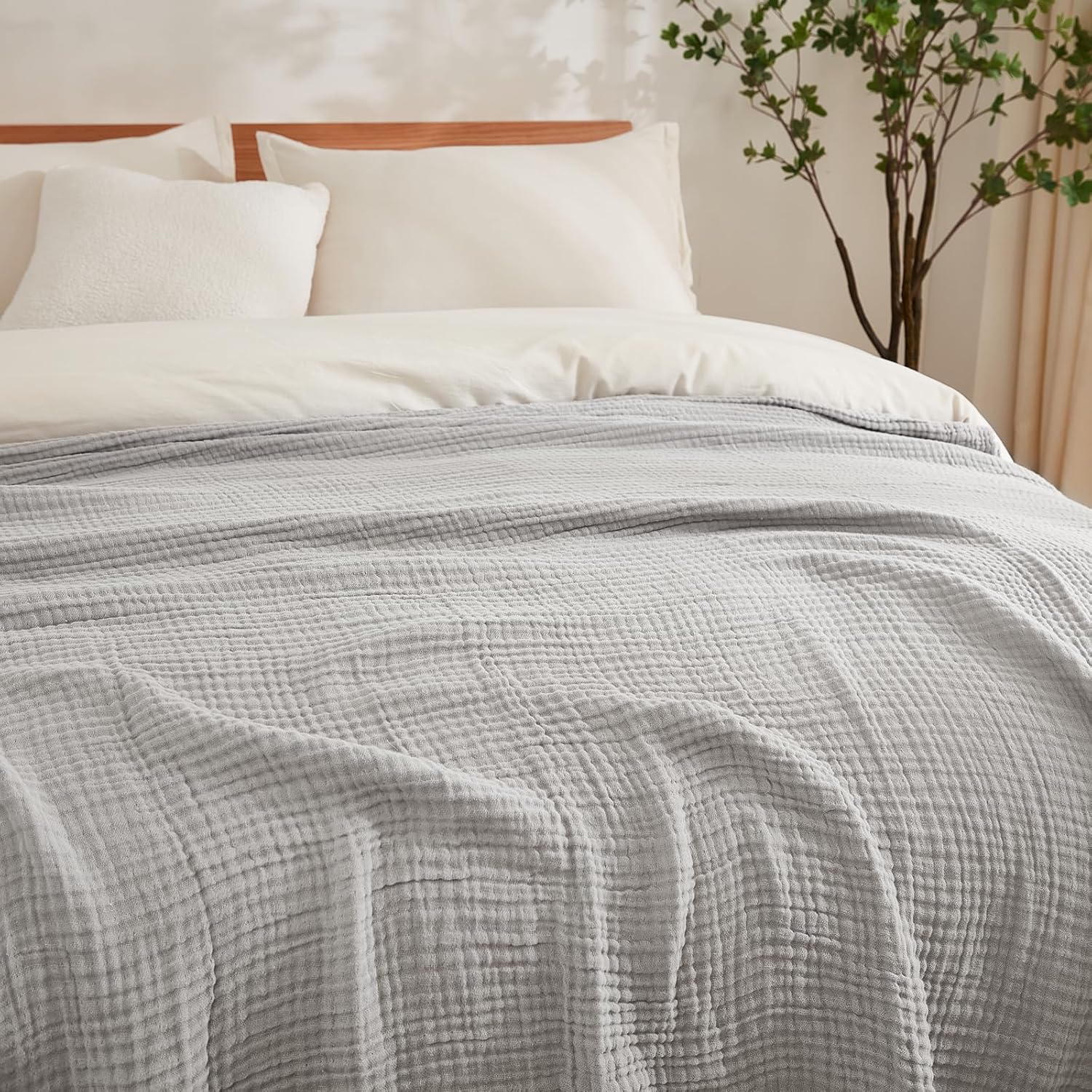 EMME Cotton Blanket Twin XL for Bed Soft Muslin Blankets 66"x90" Lightweight Breathable Layering Bedspread Coverlet All Season Gauze, Light Grey