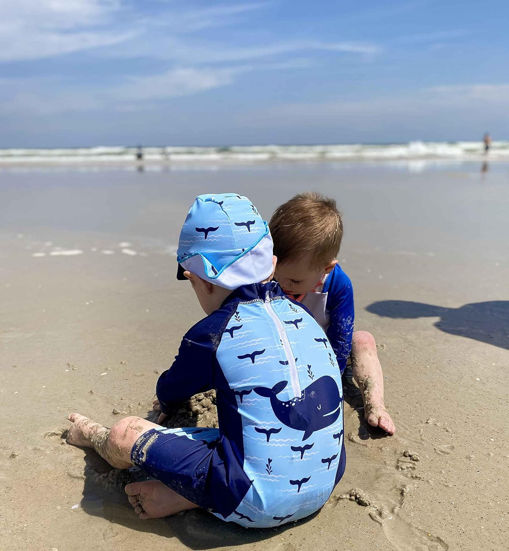 uideazone Baby Boys One Piece Swimsuit Long Sleeve UPF 50+ Rash Guard Bathing Suit Swimwear with Sun Hat 0-24 Months
