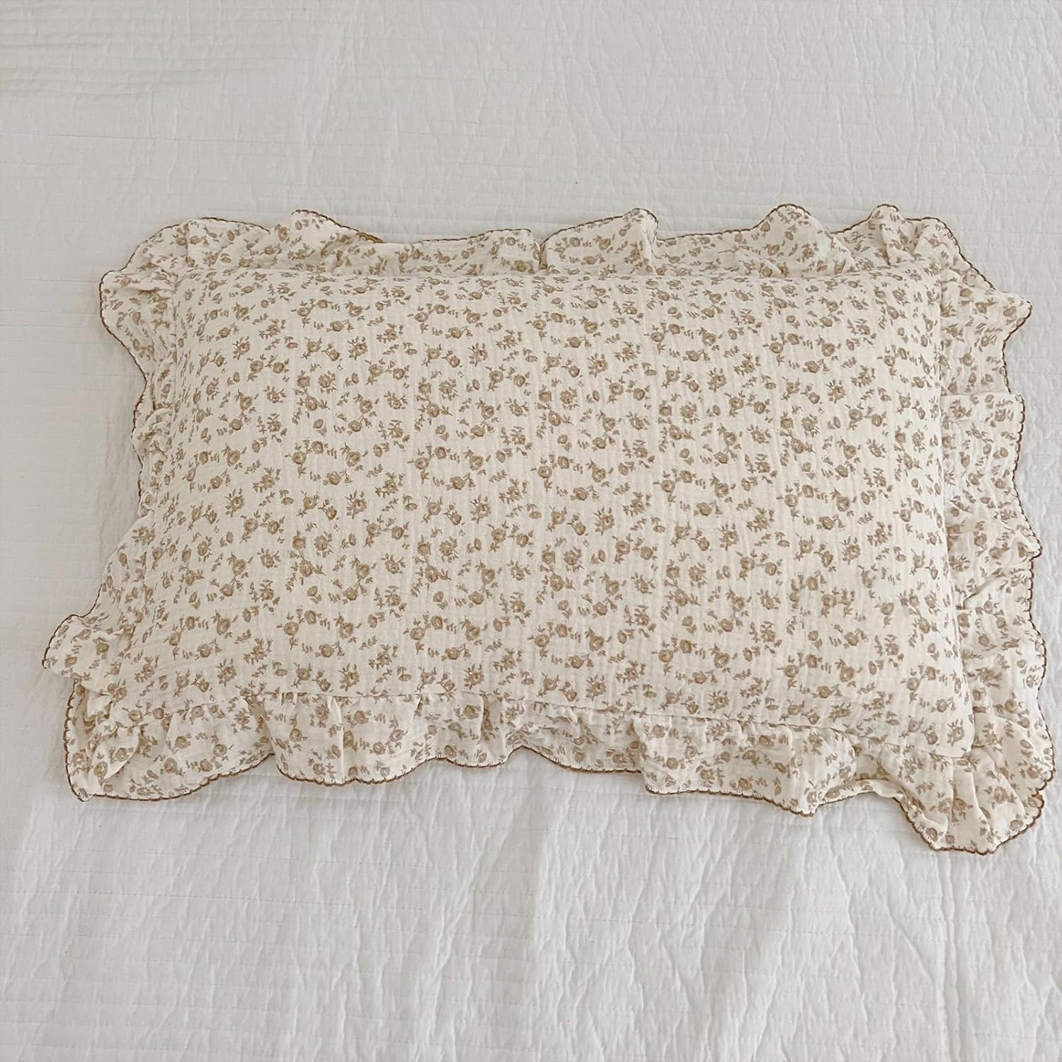 BuLuTu Camellia Floral Print Pillowcase King Muslin Cotton Pillow Case Chic Shabby Pillow Cover with Ruffles Enveloped Pillowcases, Machine Washable, 20x36 inch, 1 Piece