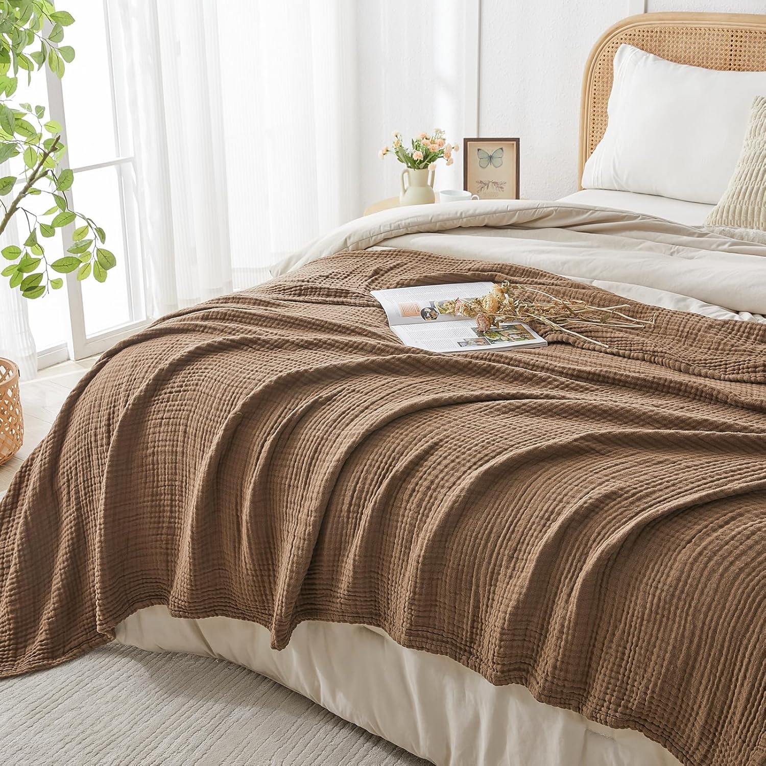 EMME Cotton Muslin Throw Blanket Couch Breathable Gauze Blanket Soft Lightweight Blankets Adults (Brown, 50"x60")