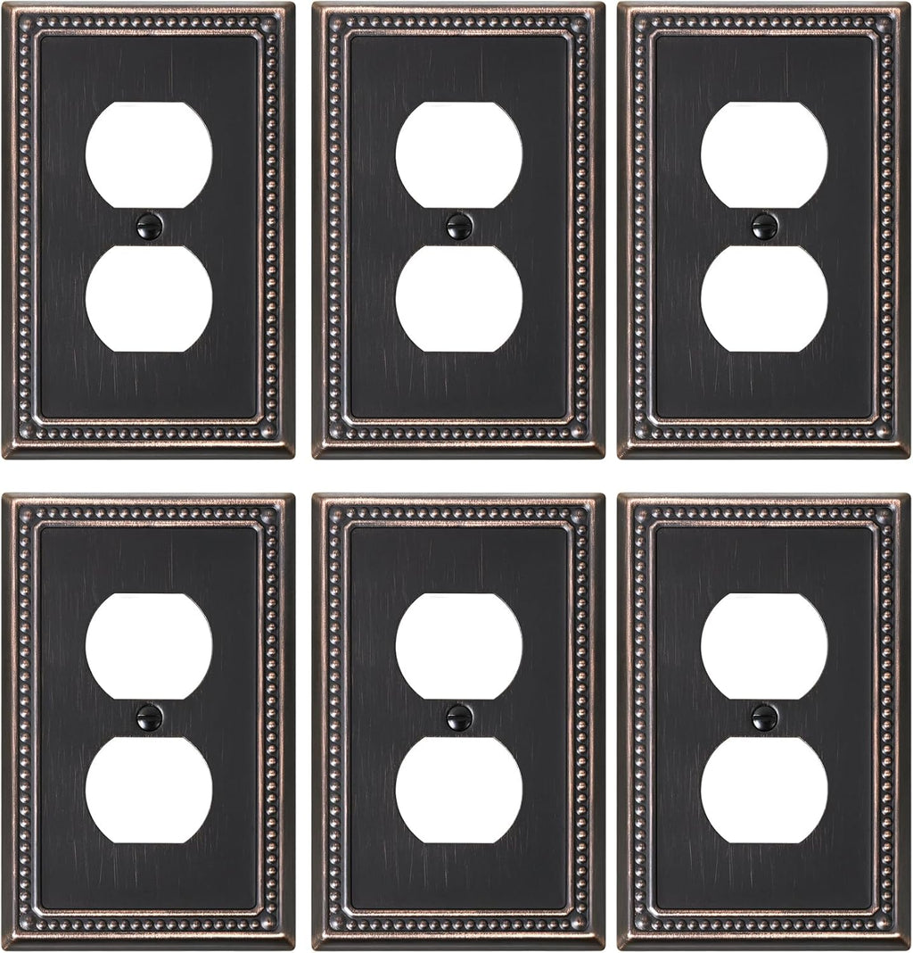 6-Pack Duplex Outlet Cover Plate, Aged Bronze Metal Wall Plates for Electrical Outlets, 1 Gang Receptacle Light Switch Cover, Pearls Decorative Switch Plates and Outlet Covers