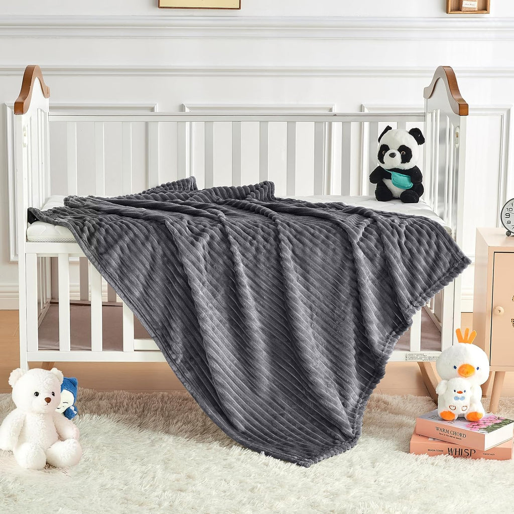 Soft Fleece Baby Blanket Ultra Cozy Grey Baby Blankets for Boys Warm and Lightweight Infant Toddler Newborn Receiving Gift with Reversible Stripes for Crib Stroller, 30x40 Inch, Dark Grey