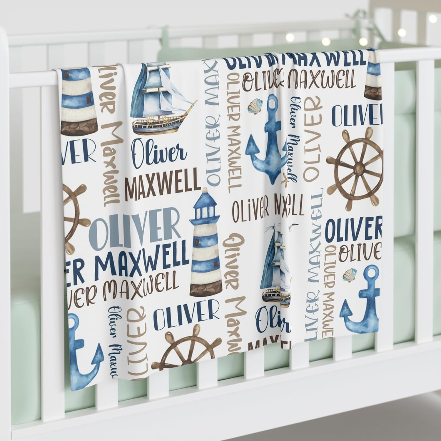 Personalized Baby Blanket for Boys, Custom Baby Blanket with Name, Nautical Blanket Sailboat Anchor Baby Blanket, Nautical Swaddle Blanket for Toddlers Kids Newborn