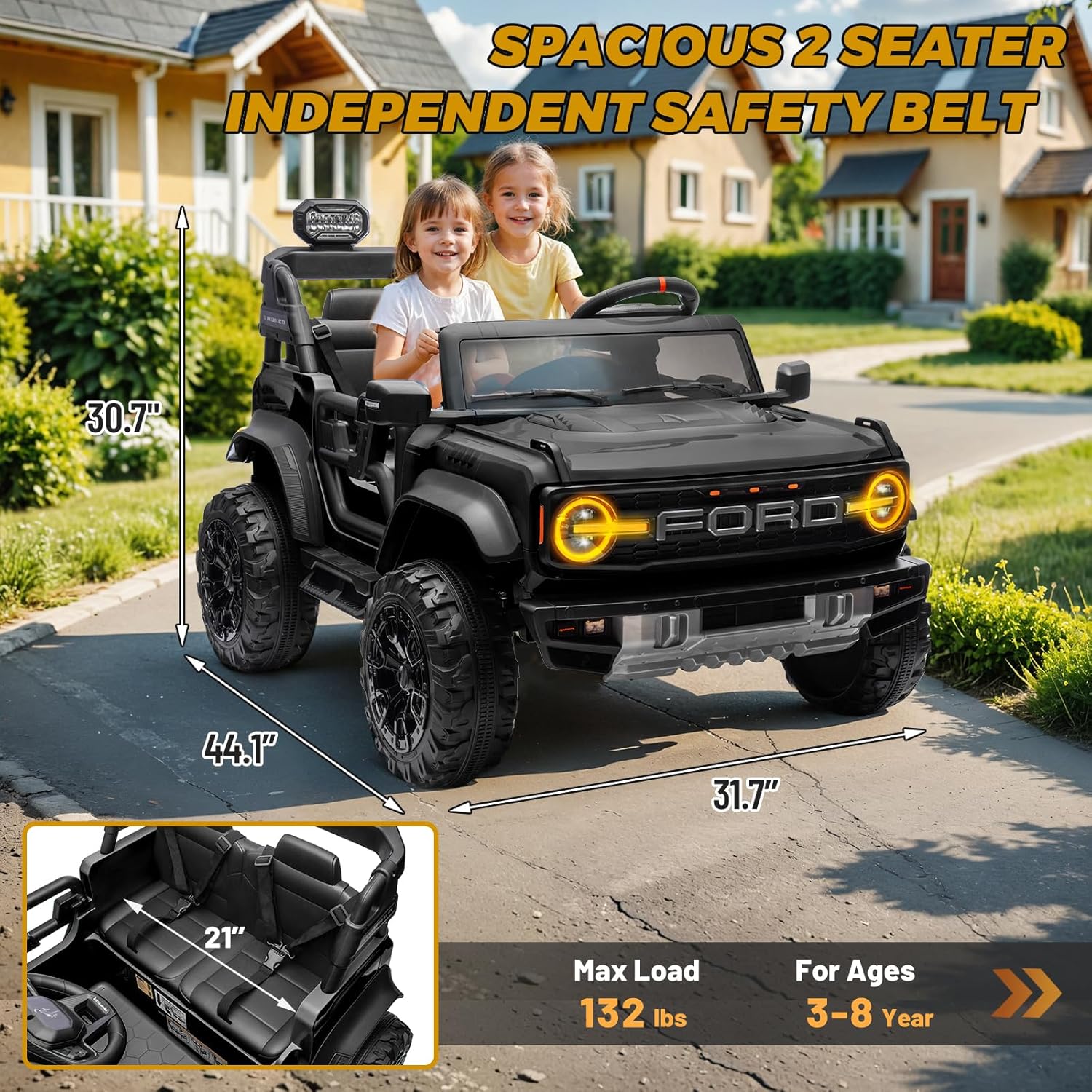 ENYOPRO 24V Licensed Ford Bronco Raptor Electric Car for Kids, 2 Seater Battery Operated Ride On Truck Toys with Remote Control, 4-Wheel Suspension, Bluetooth, Radio, LED Lights, 3 Speed - Black
