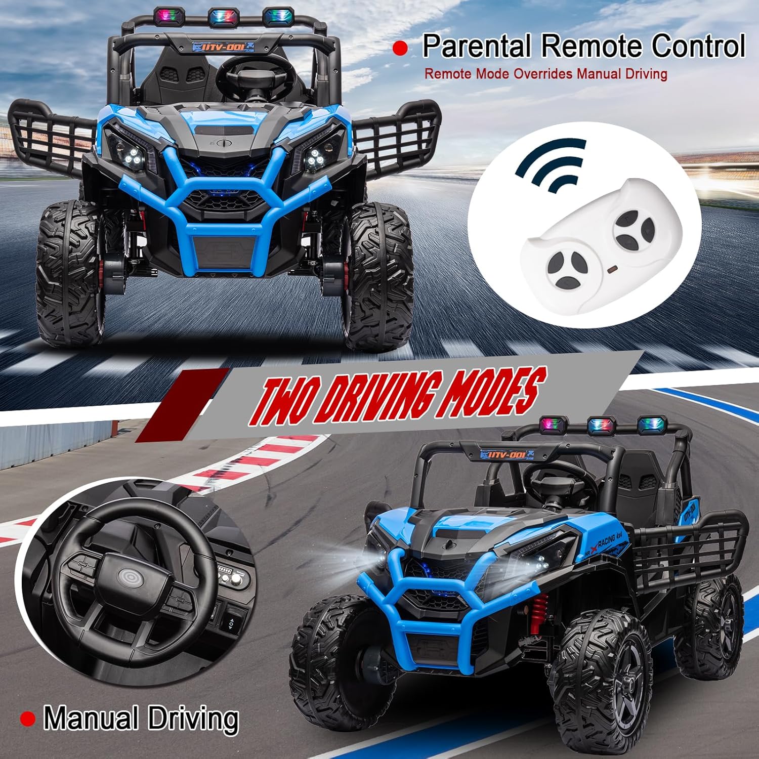 4WD Ride On Car with Remote Control,24V 2Seater Kids Electric Toy Off-Road Truck for Kids,Ride on Buggy for Side by Side(Blue)