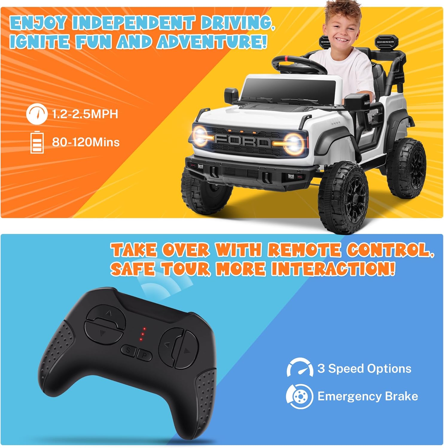 ENYOPRO Licensed Ford Bronco Raptor Electric Car for Kids, 12V Ride On Toys for Toddlers, Christmas Birthday Gifts Ride On Car for Kids Age 3-6 w/Remote Control, Bluetooth, LED Lights, 2 Speed (White)