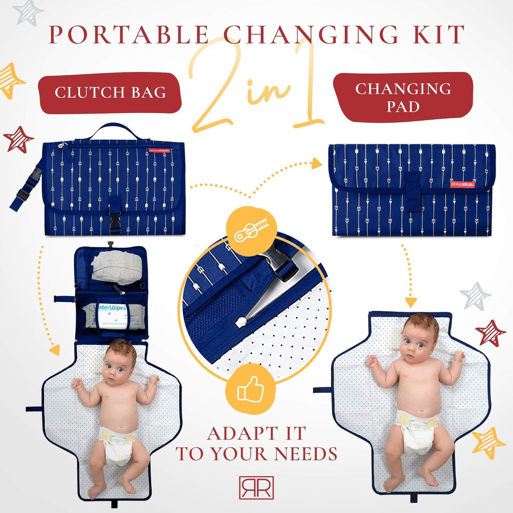 Portable Diaper Changing Pad Waterproof – B0NUS Insulated Baby Bottle Bag, 2-in-1 Diaper Clutch and Changing Mat, Wipe Clean Portable Changing Pad with Built-in Head Cushion (Dark Blue)