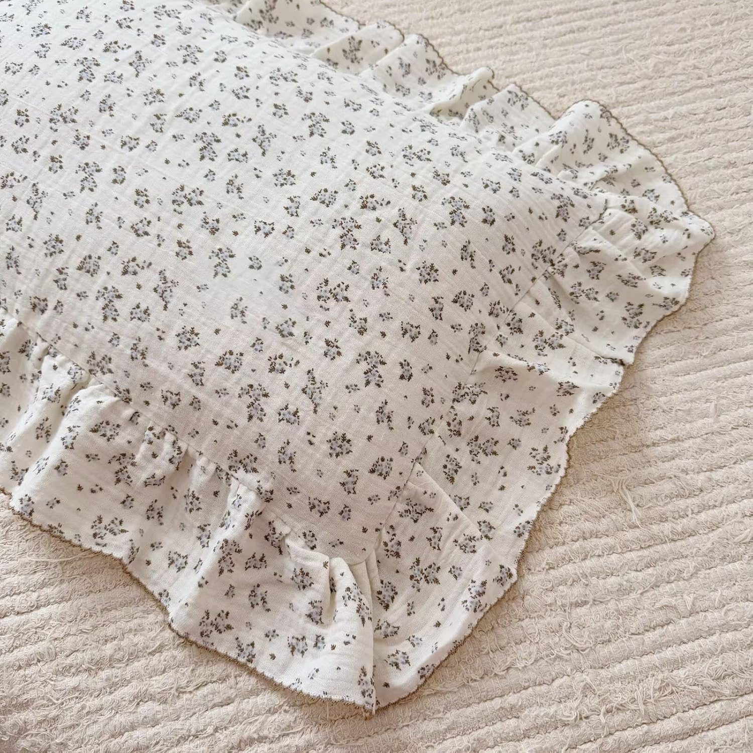 BuLuTu Gauze Muslin Pillow Cases for Toddler Girls Boys Soft Breathable Pillowcase Crib Size, 14"x20", 1 pc, Blue Floral Small Pillow Cover for Travel/Daycare/Nursery Decor, Enveloped Closure