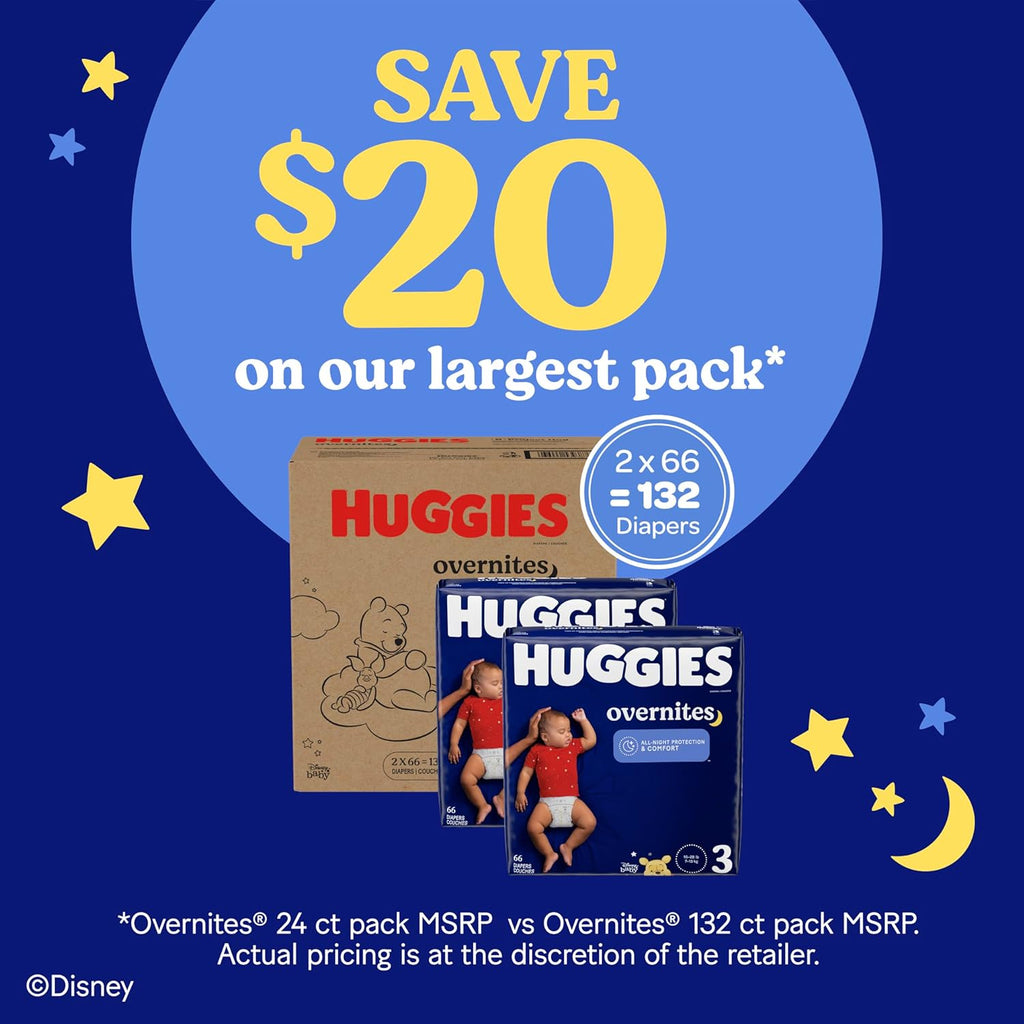 Huggies Size 3 Overnites Baby Diapers: Overnight Diapers, Size 3 (16-28 lbs), 132 Ct (2 Packs of 66), Packaging May Vary
