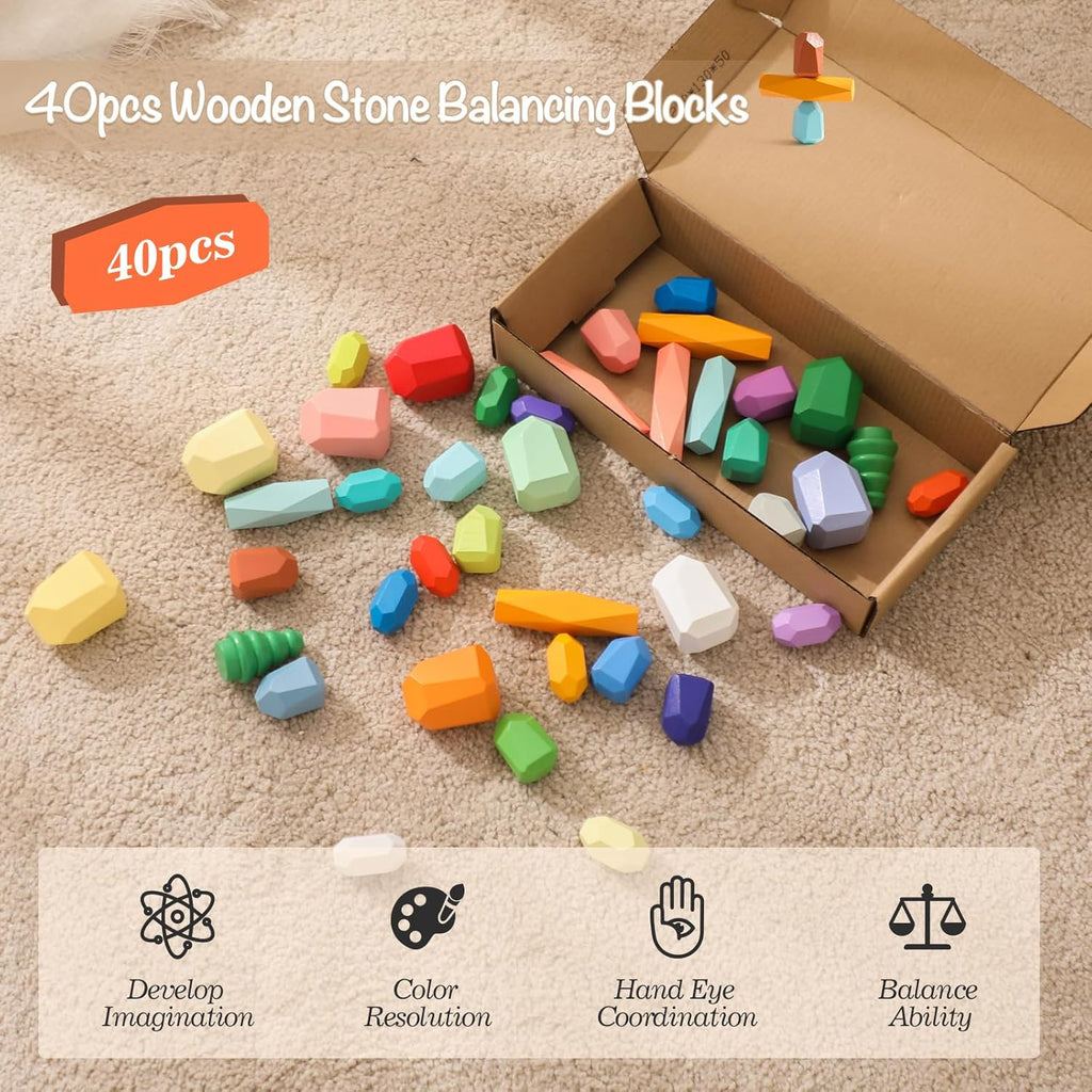 OESSUF Stacking Rocks 40Pcs Stacking Rocks Balancing Stacking Stones Wooden Stacking Toys Wooden Stone Stacking Game for Toddler Wood Sorting Montessori Stacking Rocks for Kids