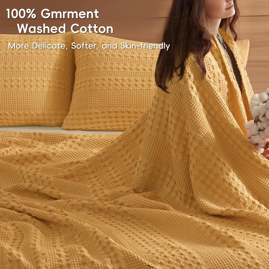 PHF 100% Cotton Waffle Weave Blanket Twin Size, Soft Lightweight Breathable Cozy Summer Blankets for Bed, Luxury Aesthetic Woven Bedding for Home Decor, 66"x90", Ginger/Honey Yellow
