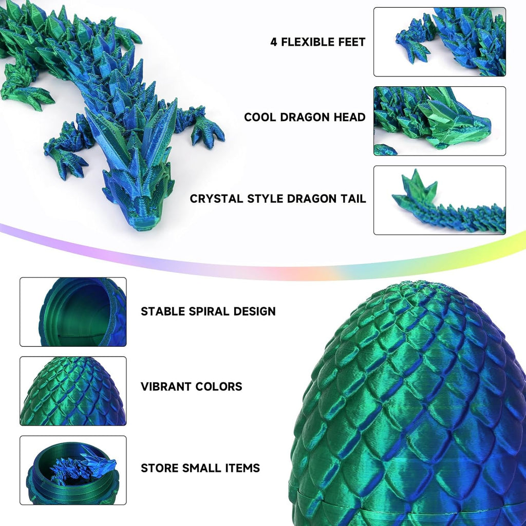 3D Printed Dragon Egg,Dragon Eggs with Dragon Inside,Crystal Dragon Fidget Toys,Full Articulated Dragon Dragon in Egg,Adults Fidget Toys for Autism ADHD (Laser Green-12inch)