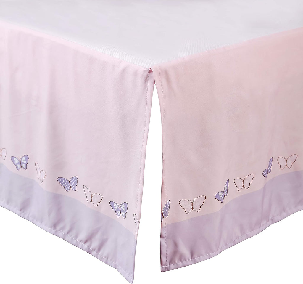 La Premura 3-Piece Purple Butterfly Baby Crib Bedding Set for Girls, Lilac Standard Size Crib Set for Baby Girl, Comforter, Fitted Sheet, and Dust Ruffle Skirt, Baby Nursery Floral Design for Girls