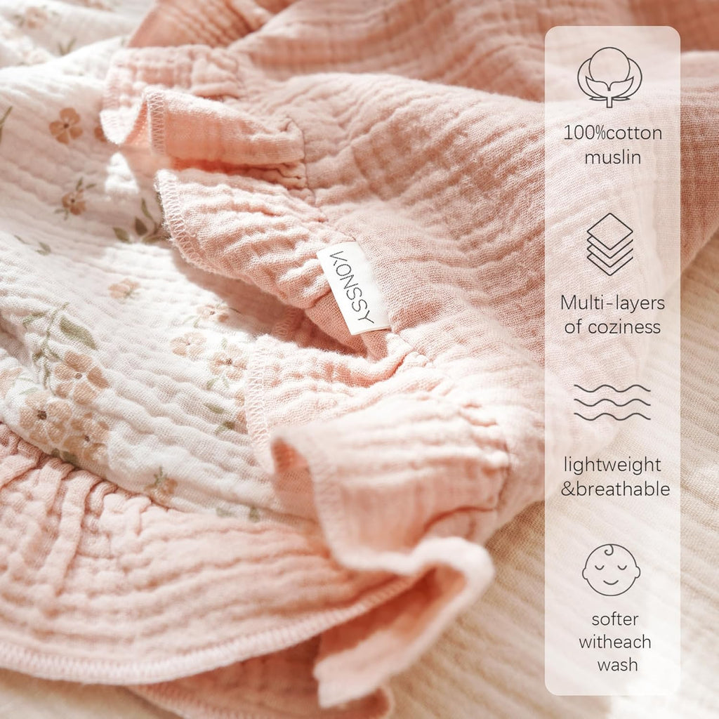 Konssy Flounce Muslin Baby Blankets, Cotton Crib Blanket for Baby Infant Toddler, Super Soft and Lightweight Nursery Blankets 40"x36" (Blossom)