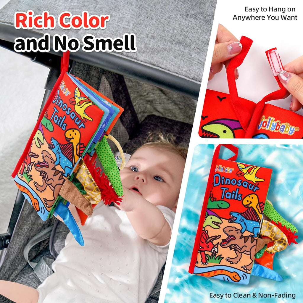 Jollybaby Baby Books 0-6 Months, Touch and Feel Crinkle Soft Cloth Books for Infants Babies, Toddler Early Educational Interactive Stroller Sensory Toys, Baby Girl & Boy Gift(Dinosaur Tails)