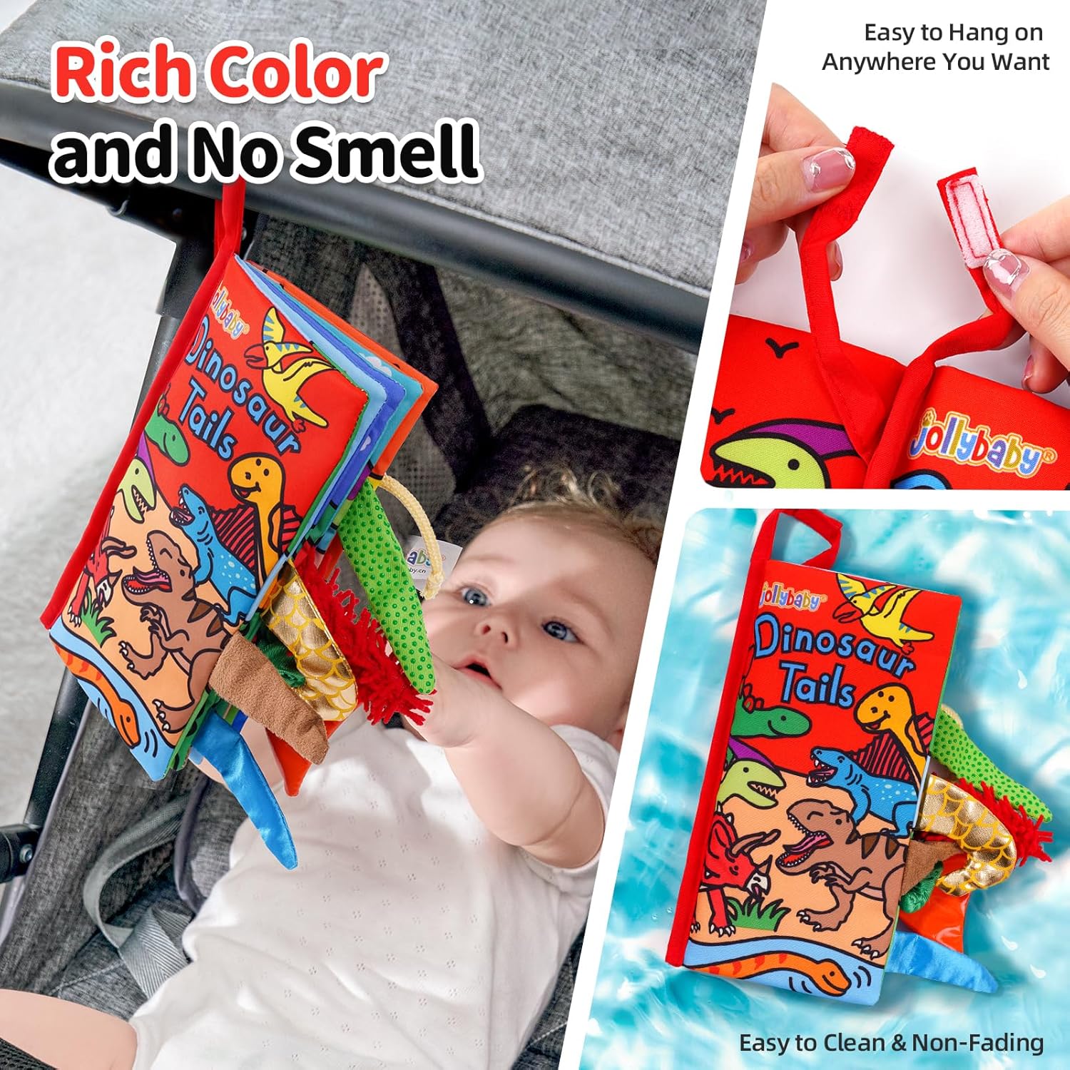 Jollybaby Baby Books 0-6 Months, Touch and Feel Crinkle Soft Cloth Books for Infants Babies, Toddler Early Educational Interactive Stroller Sensory Toys, Baby Girl & Boy Gift(Dinosaur Tails)