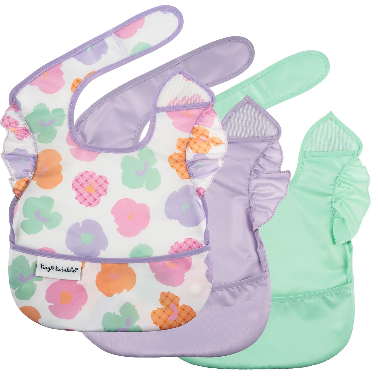 Tiny Twinkle Mess-Proof Baby Bib - Waterproof Bib for Baby Girl - Machine Washable - Adjustable Closure - PVC, BPA, & Phthalate Free - Great for Travel - Baby Food Bibs (3 Pack, Floral Pop)