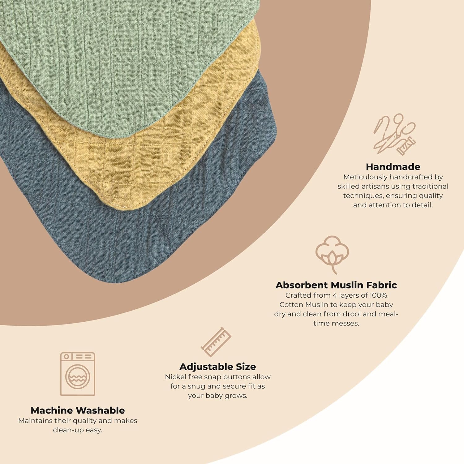 Crane Baby Soft Muslin Baby Bib Set, Adjustable and Absorbent Bandana Style Bibs for Boys and Girls, River, 3 Piece, 18.5” x 9”