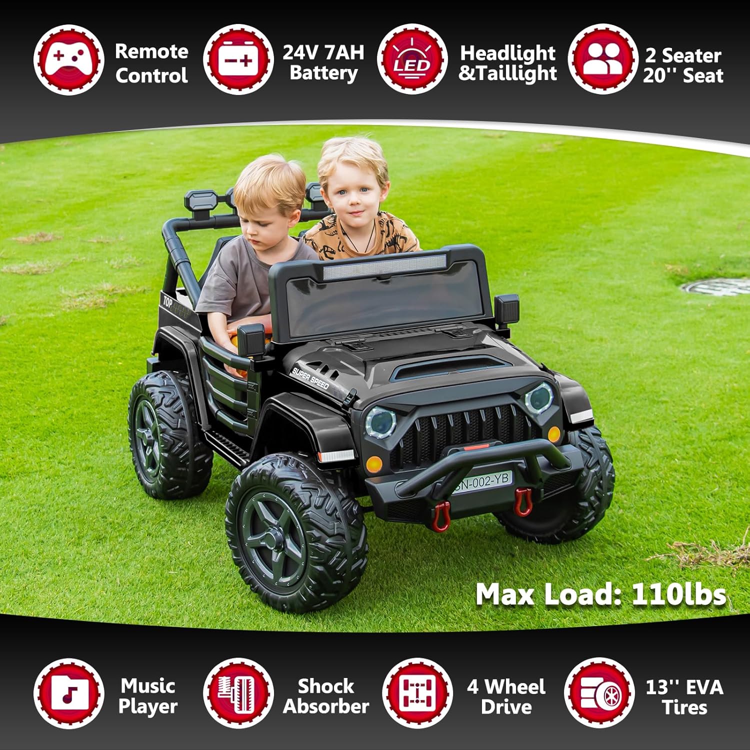 24V 2 Seater Ride On Truck with Remote Control 4WD Electric Car for Kids Ride On Car Battery Powered Ride On Toy Car with Music Player, LED Lights, Bluetooth, Rear Shock Absorber, Black