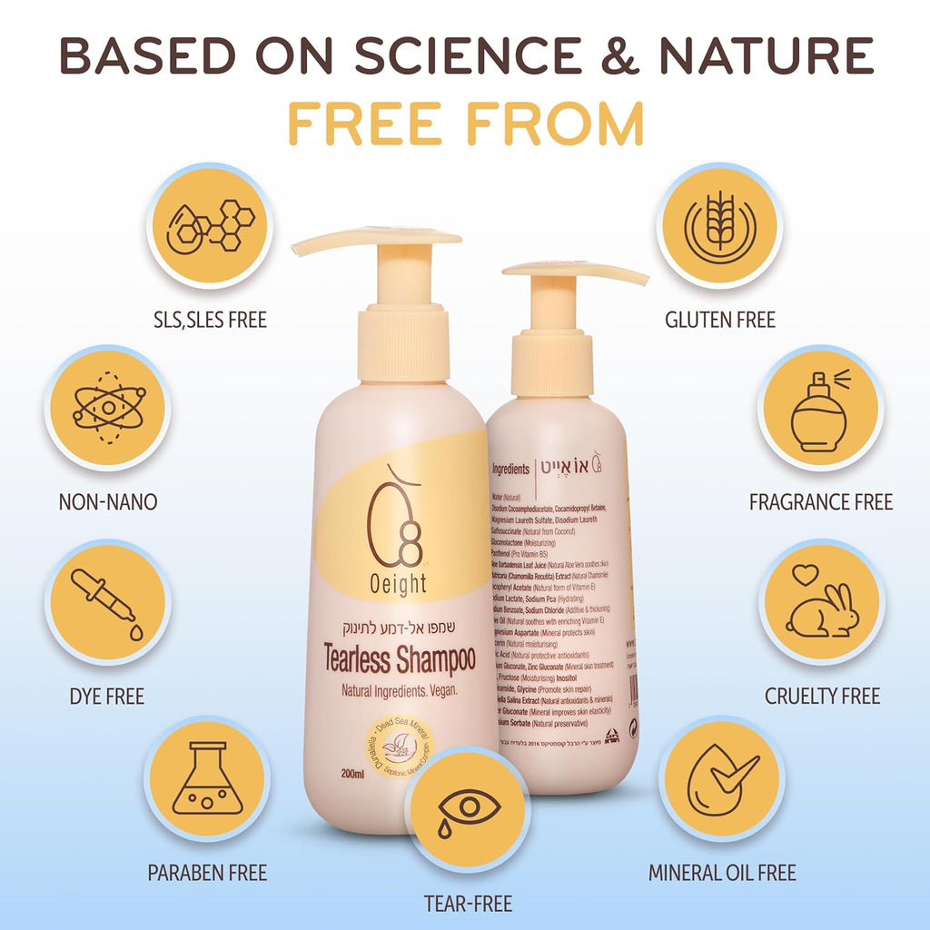 Oeight Tearless Baby Shampoo, Hypoallergenic & Dermatologically Tested Baby Shampoo, 100% Natural Active Ingredients with Chamomile, Parabens & SLS Free, Fragrance Free, for Sensitive Scalp, 200 ml