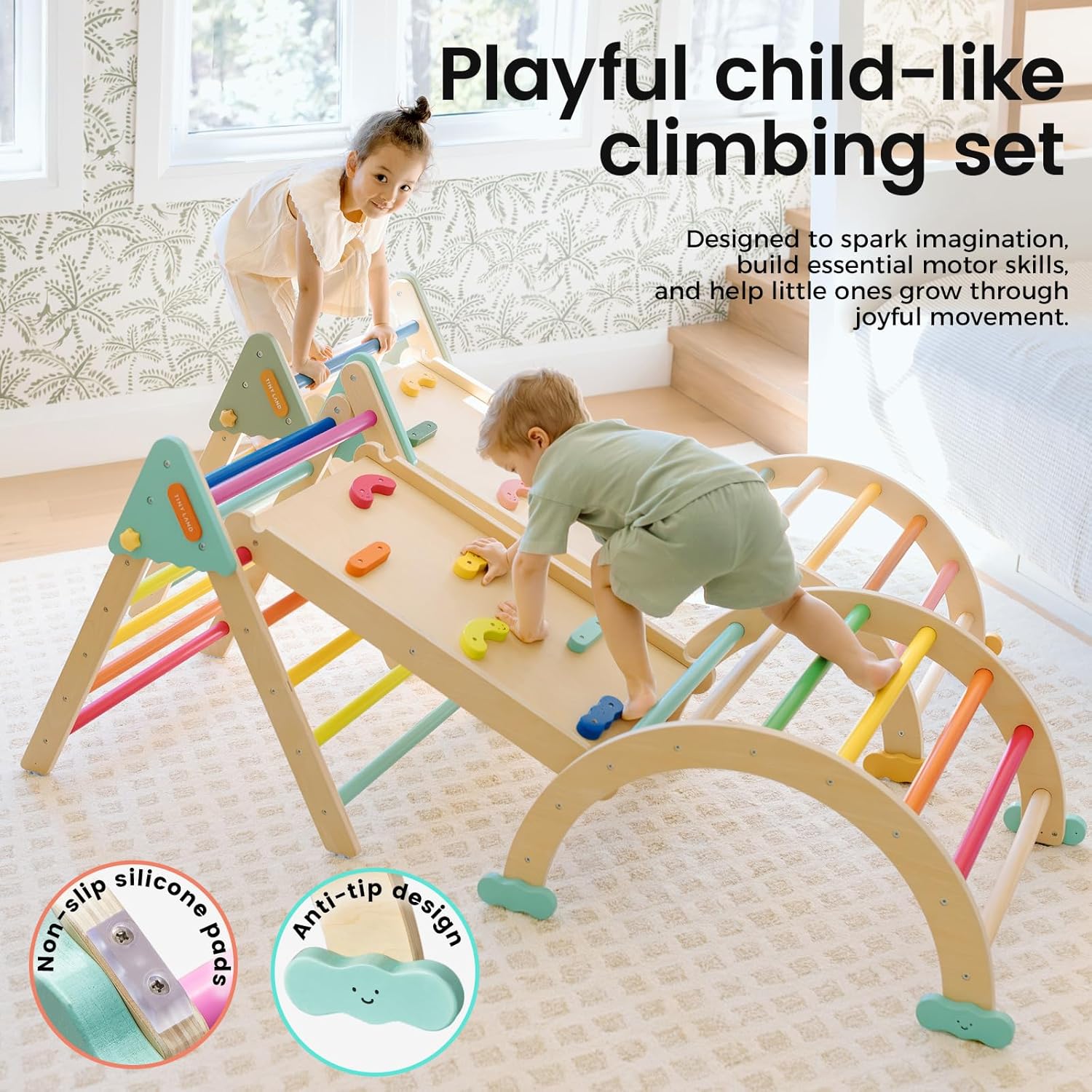 Tiny Land Pikler Triangle Set,7-in-1 Foldable Montessori Toddler Climbing Toys Indoor, Wooden Playground Jungle Gym for Kids, Climber Gift for Boys & Girls Toddler Climbing Toys (Rainbow)
