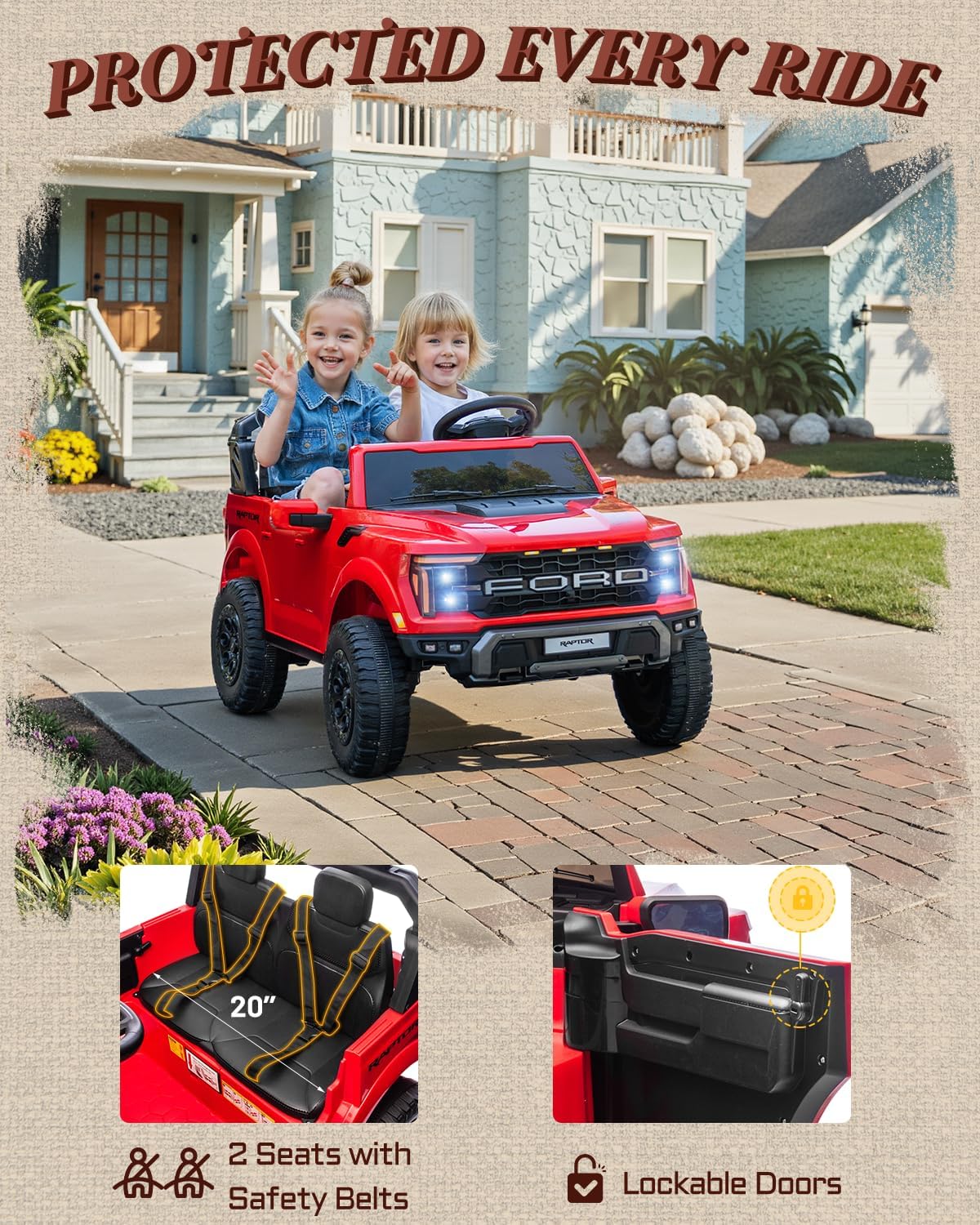 24V 2 Seater Ride on Toys for Kids, Licensed Ford F-150 Raptor Kids Electric Vehicles w/Remote Control, Power Pedal and Durable Wheels, LED Lights, Bluetooth, Truck Bed Storage (Red)
