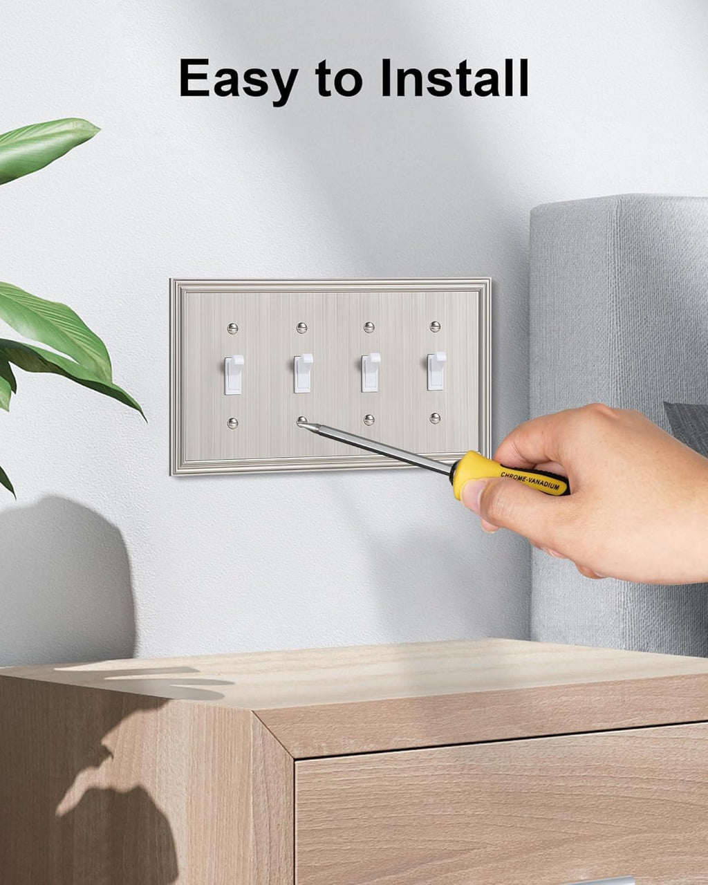 2-Pack Quad Toggle Light Switch Cover Plate, Durable Zinc Alloy Decorative Switch Plate Covers, Brushed Nickel 4 Gang Wall Plate for Toggle Light Switch and Rotary Dimmer Switch