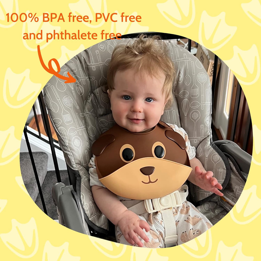 Silly Goose Set of 2 Silicone Animal Baby Bibs for Babies and Toddlers, Waterproof, Adjustable, Soft, Extra Wide Food Catcher Pocket (2PK Hippo+Bear)