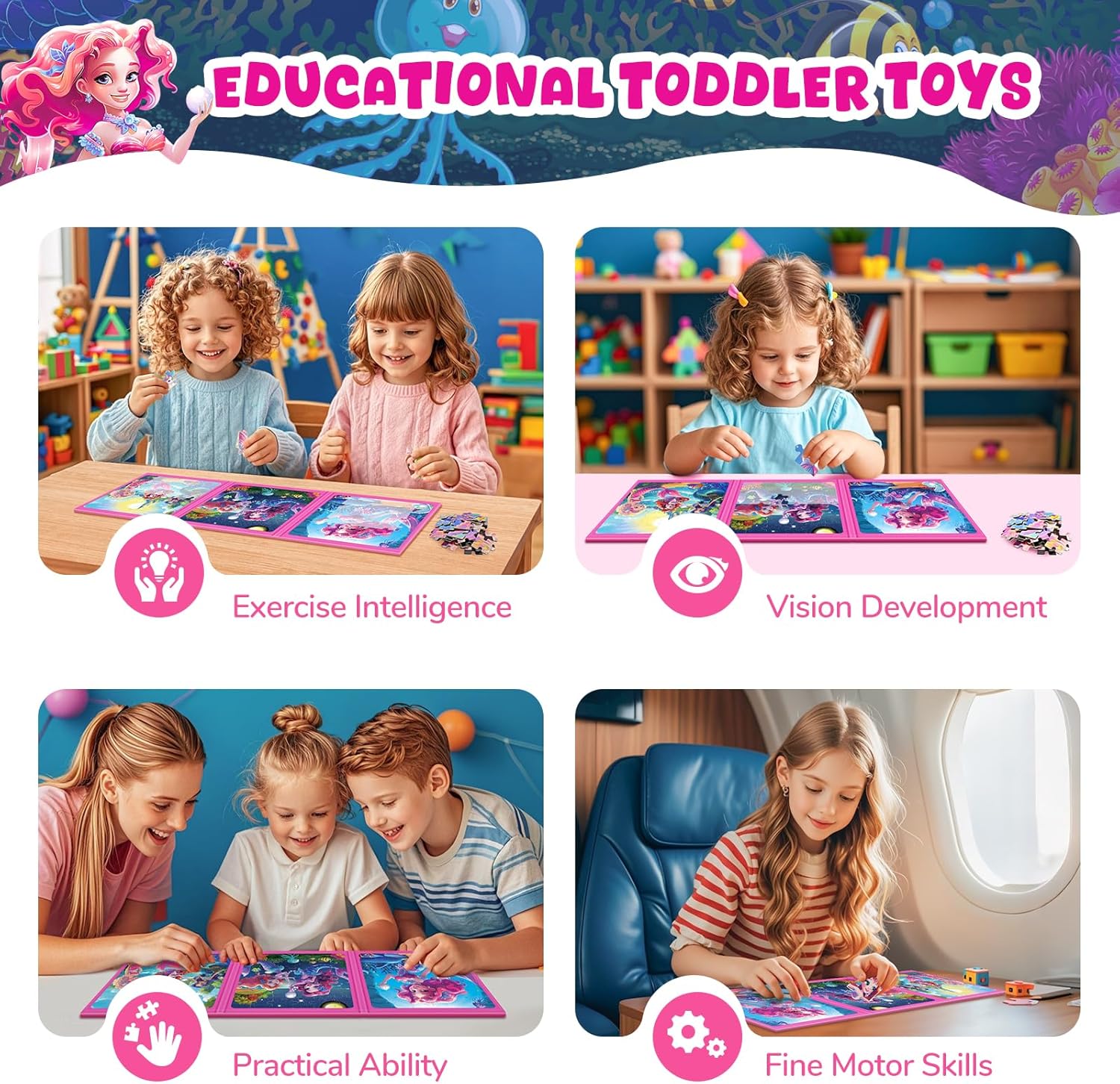 Magnetic Jigsaw Puzzles for Toddlers Kids 3-8 Girls,(3 36-Pieces) Travel Puzzles Toys for Kids Ages 4-6,Take-Along Car Airplane Road Trip Activities Game for 3 4 5 6 7 8 Year Old Birthday Gift,Mermaid