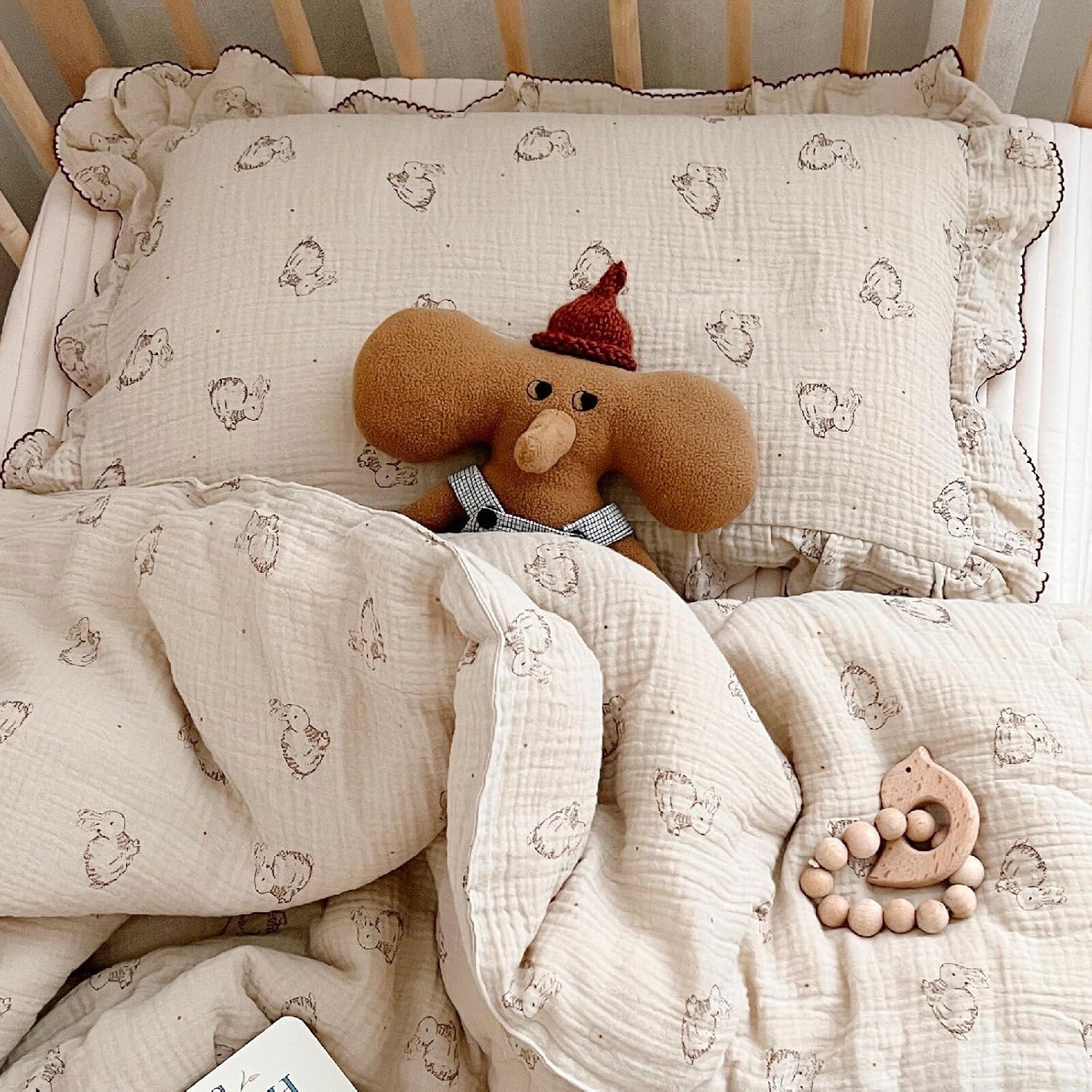 BuLuTu 2-Layer Cotton Muslin Toddler Pillowcase Rabbit Pattern, Soft Breathable Travel Pillow Case Fit for Boys Girls Toddler Pillow 13"x18"or 14"x19", Nursery Decor Kids Pillow Cover 14"x20"