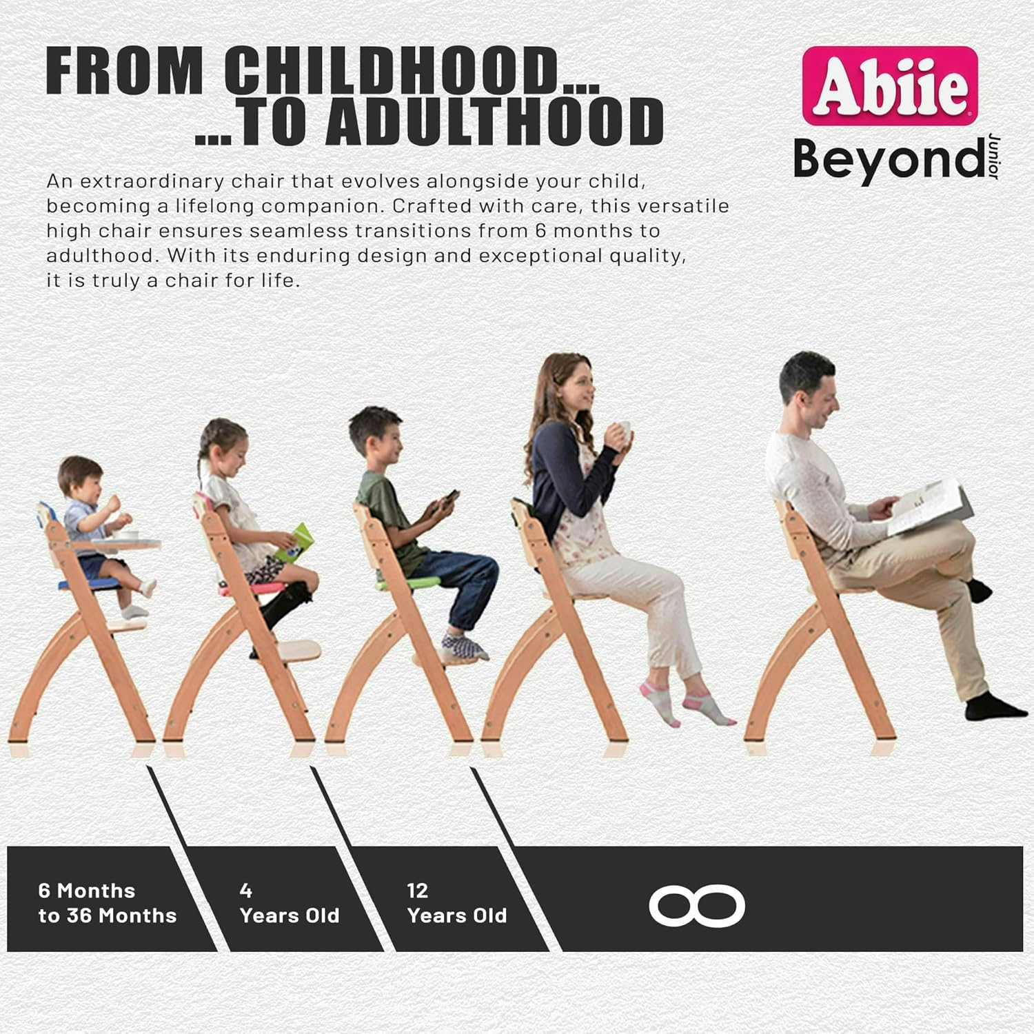 Abiie Beyond Junior Wooden High Chair with Tray - Adjustable and Convertible High Chair for Babies and Toddlers - 6 Months to 250 Lb - Water Resistant - Natural Wood/Black Pearl Cushion