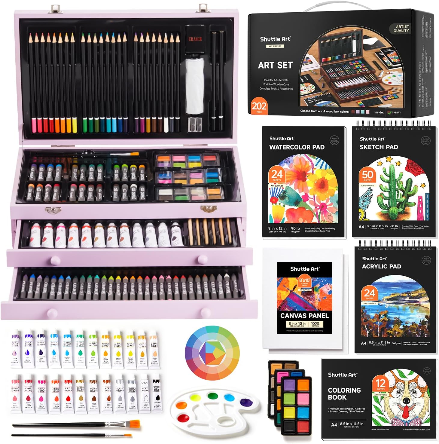 Shuttle Art Deluxe Gift Art Kit, 202-Piece Wooden Art Supplies Set with 4 Drawing Pads, Canvases, Coloring Sheets, Acrylic Paint, Crayons, Oil Pastels, Colored Pencils for Kids