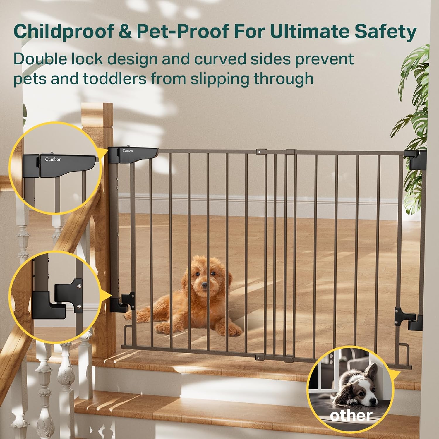 Cumbor 29.2-43" No Bottom Bar Baby Gate for Stairs, 2-in-1 Auto Close Dog Gate Indoor, Hardware Mounted Pet Gate for Doorways with Large Walk Thru Door, Child-Proof Safety Gate for Kids (Brown)