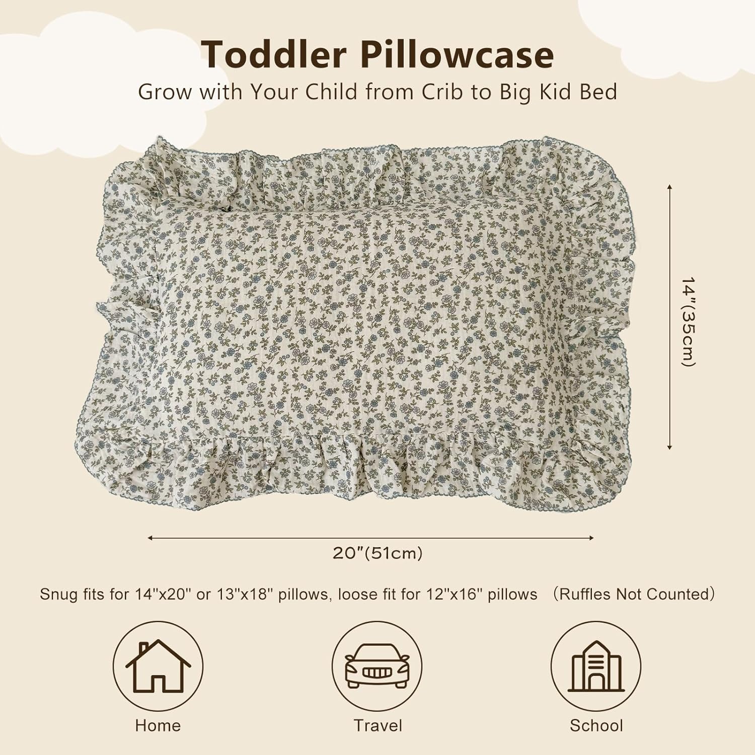 BuLuTu 2 Layers Muslin Cotton Toddler Pillowcase, 1 pc, 14"x20", Shabby Chic Blue Floral Print Pillow Cases for Kids Girls Boys Pillow Covers Soft Breathable, Envelope Closure