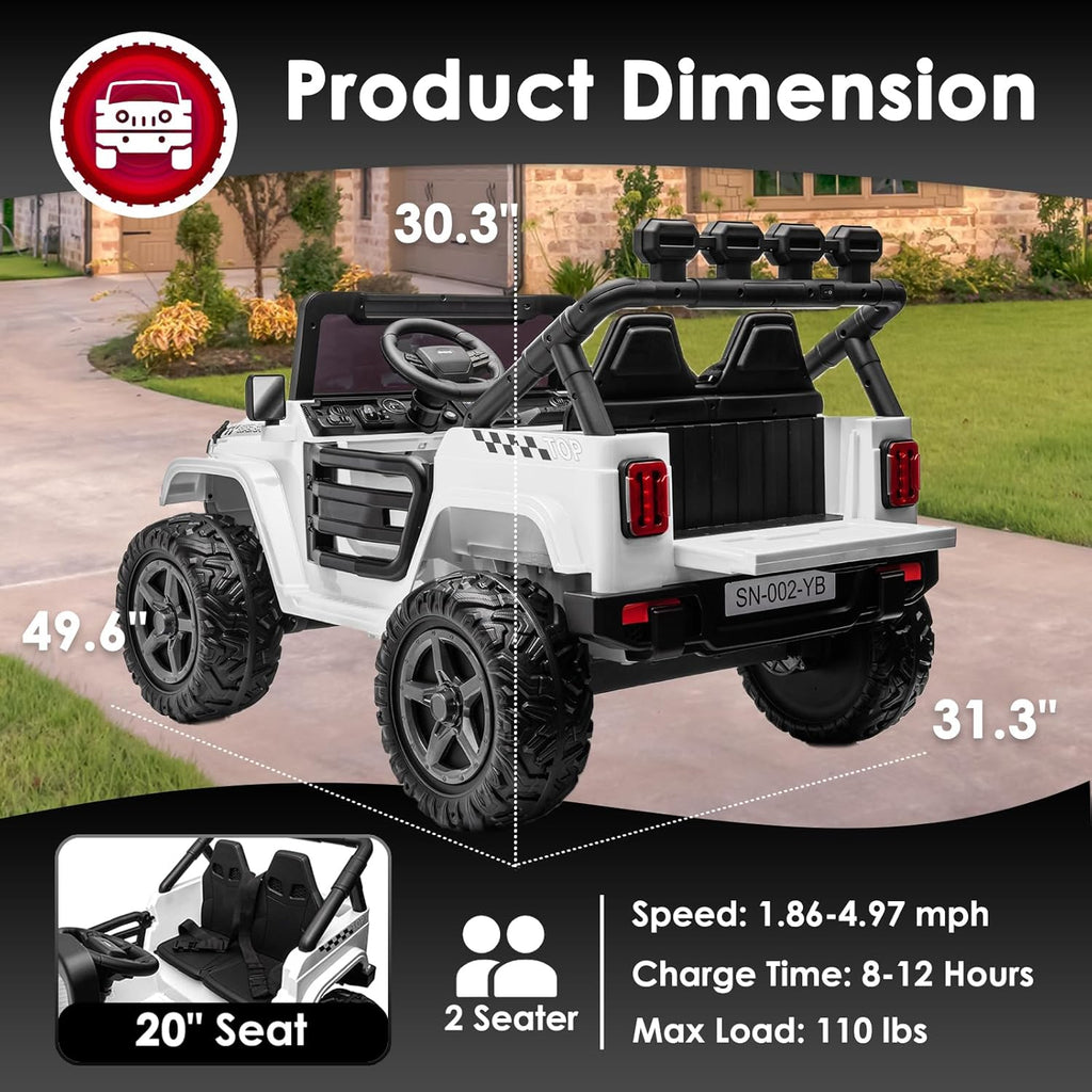 24V 2 Seater Ride On Truck with Remote Control 4WD Electric Car for Kids Ride On Car Battery Powered Ride On Toy Car with Music Player, LED Lights, Bluetooth, Rear Shock Absorber, White