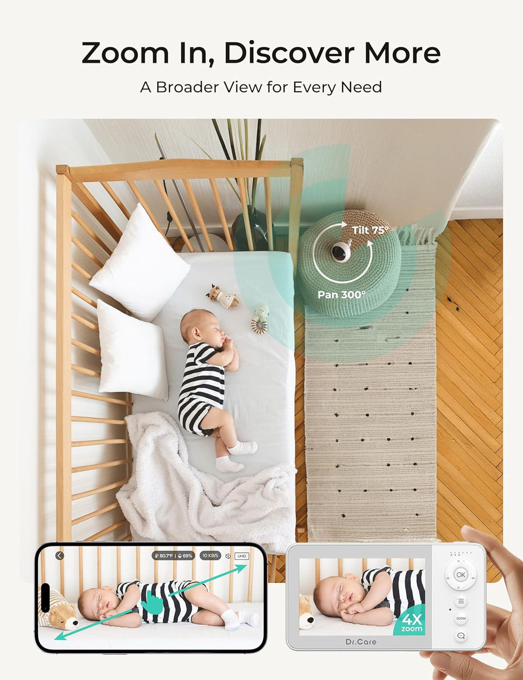 VistaView Lite RB Smart WiFi Baby Monitor with 2 Cameras - 4” 720P Split Screen & 1080P Camera App Control, Motion Alerts, 2500mAh Removable Battery, Night Vision, Multi-User, Triple Security