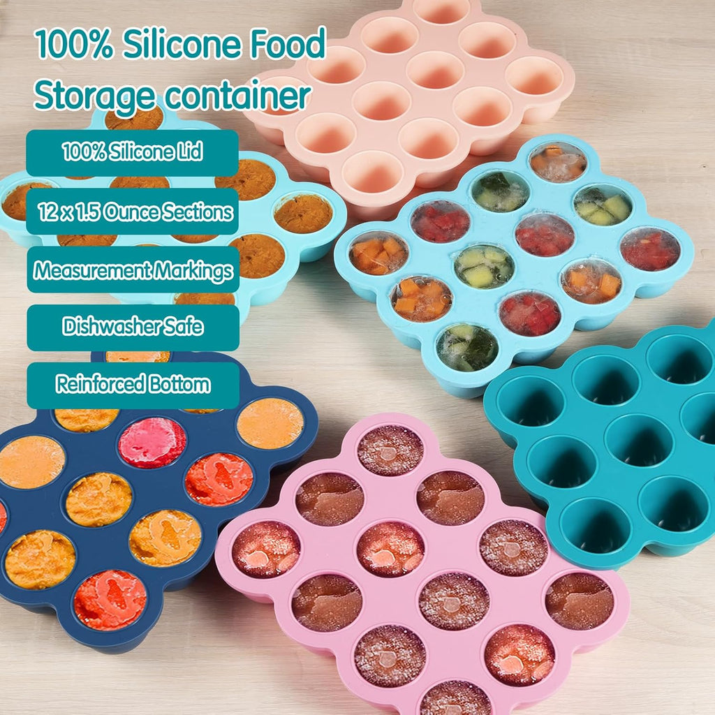 Baby Food Freezer Tray with Clip on Lid, 12 x 1.5 Ounce Baby Food Storage Container, Silicone Freezer Molds for Homemade Baby Food, Fruit Purees & Vegetables (Teal Blue)
