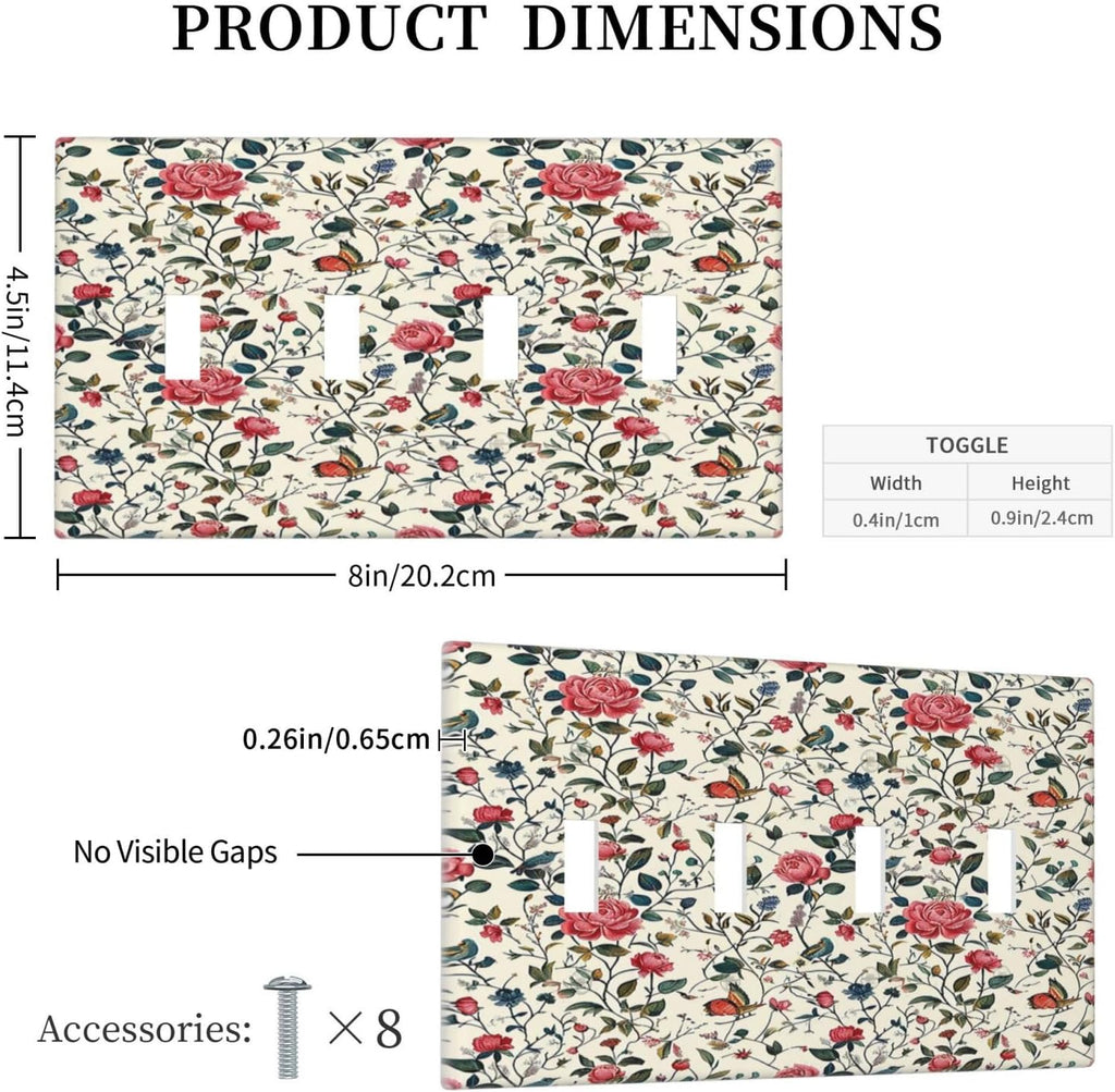 Light Switch Covers Vintage Flowers Rose Leaf Bird Butterfly Quad Toggle Electrical Faceplate 4 Gang Wall Plate Decorative Switch Plates for Bedroom living Room Decor