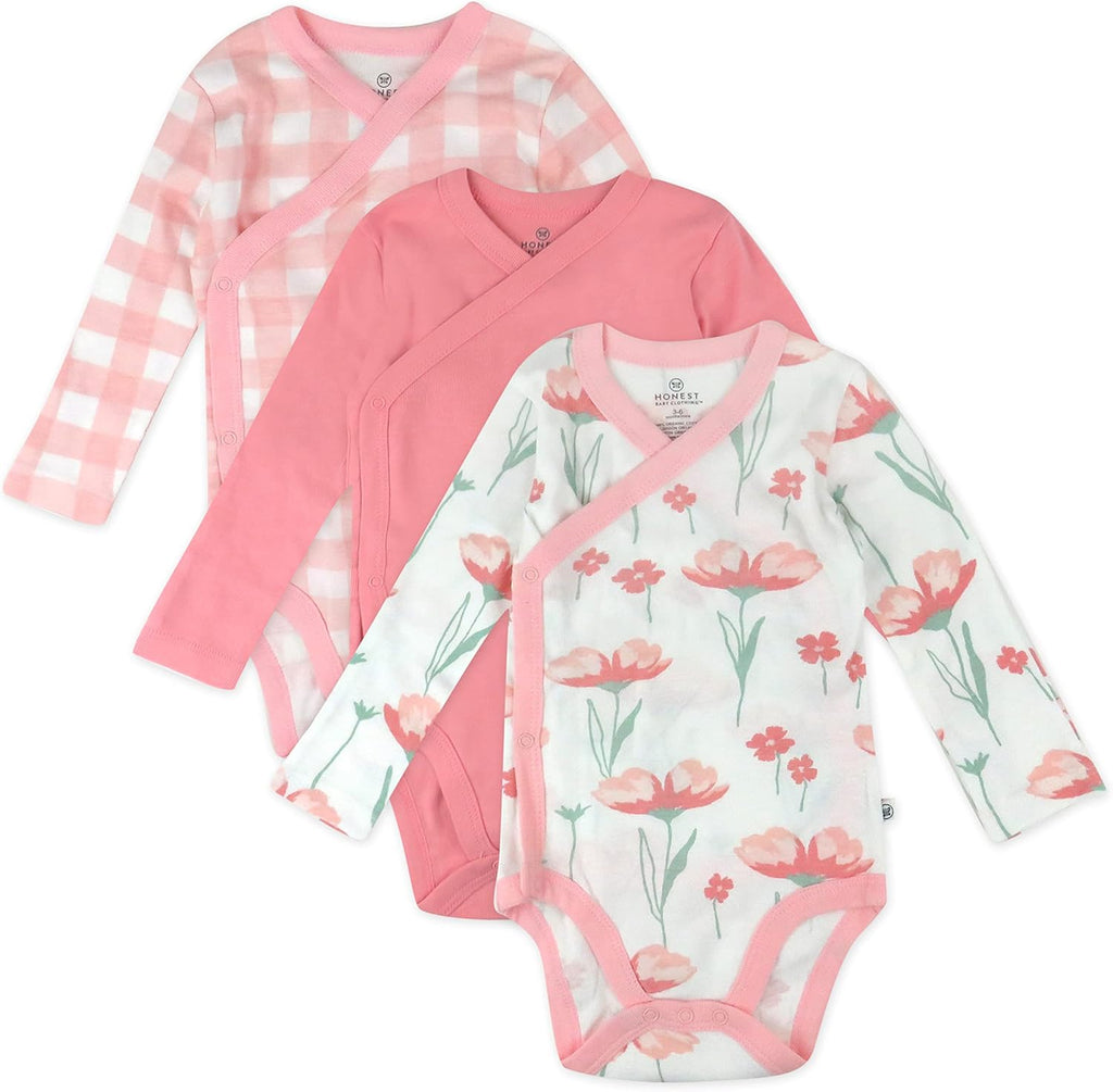 HonestBaby unisex-baby 3-pack Long Sleeve Side-snap Kimono Bodysuits Organic Cotton for Infant Baby Boys, Girls, Unisex