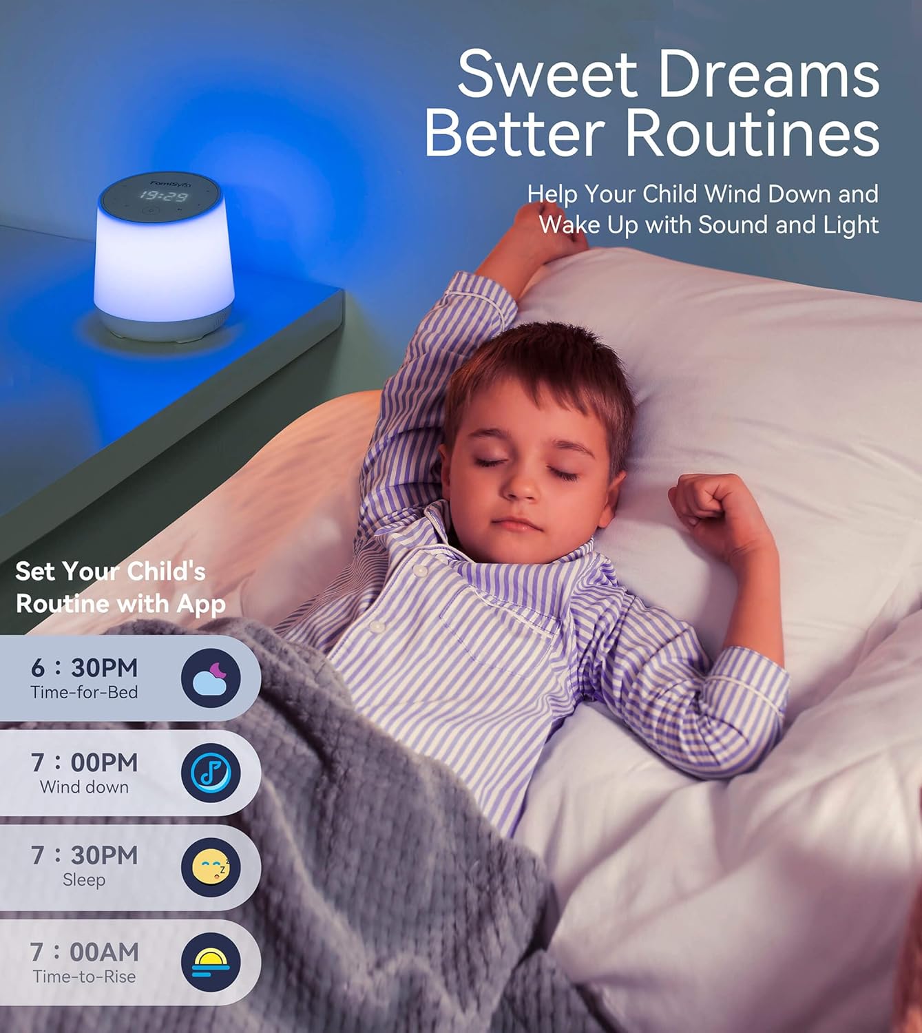 FamiSym White Noise Machine for Baby & Kids, Nursery Night Light & Alarm Clock, Dimmable Clock & Temperature Display, 34 Soothing Sounds, Toddler Sleep Trainer