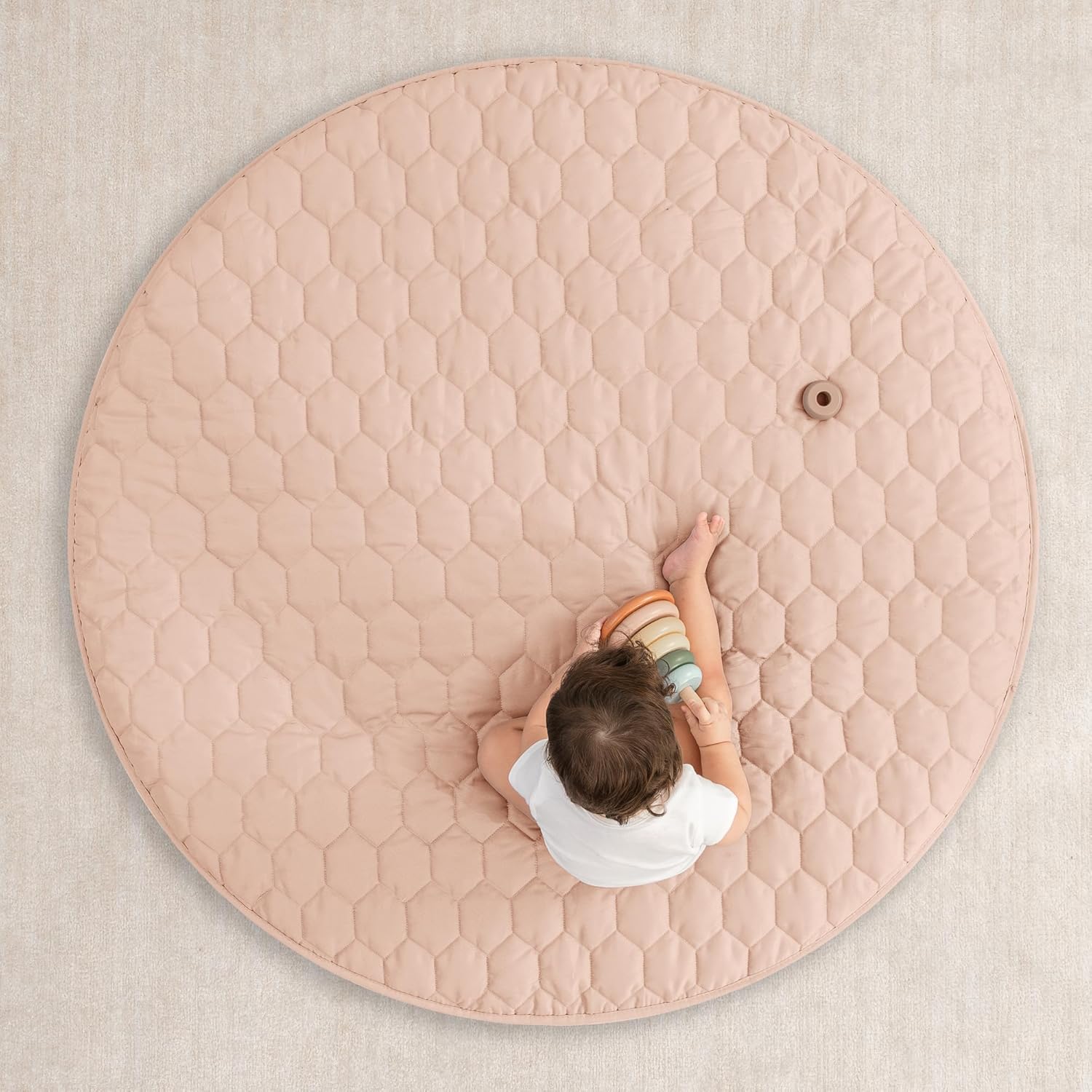 Comfy Cubs Round Kids Play Mat - Medium 48 inches Soft Quilted Baby Floor Mat with Non-Slip Bottom - Plush Design for Toddlers' Playtime and Relaxation - Comfortable and Durable - Blush
