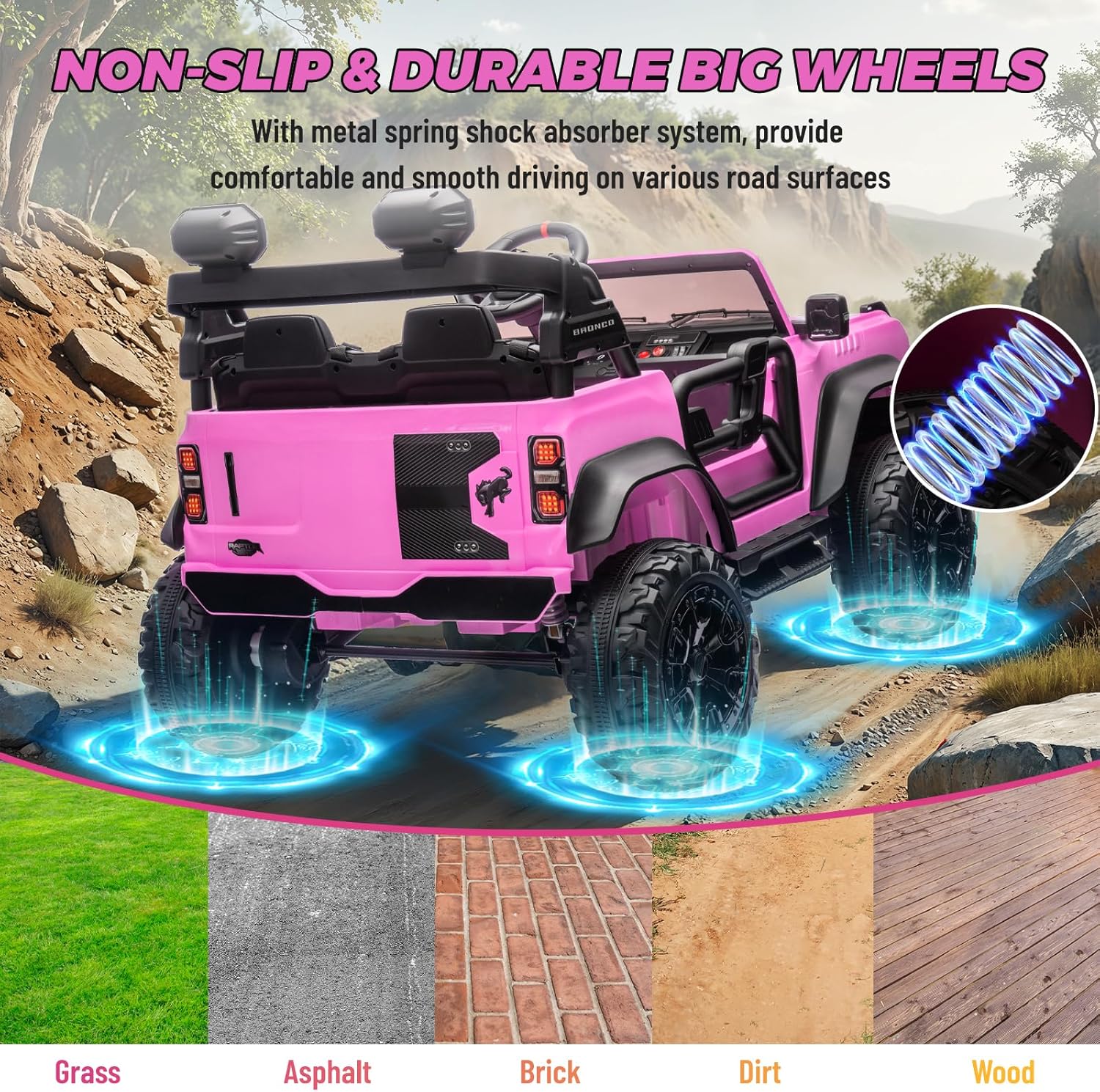 ENYOPRO 24V Ride On Toys for Big Kids, Licensed Ford Bronco Raptor 2 Seater Kids Electric Vehicle, Battery Powered Ride On Car Jeeps w/Remote Control, Bluetooth, 3 Speed, LED Lights for Ages 3+, Pink