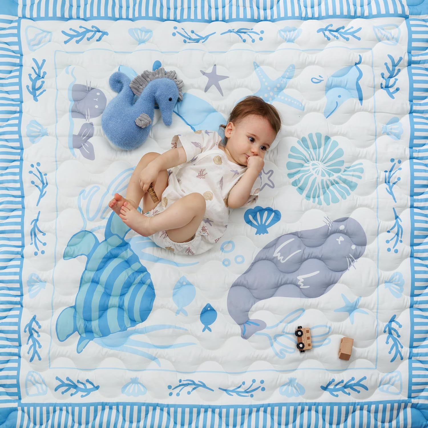 Momcozy Baby Play Mat for Floor, 50x50 Thickened Playpen Mat, Playmate for Baby Tummy Time, Waterproof & Non-Slip, Foldable Outdoor Mat with Carrying Handle, Ocean Theam