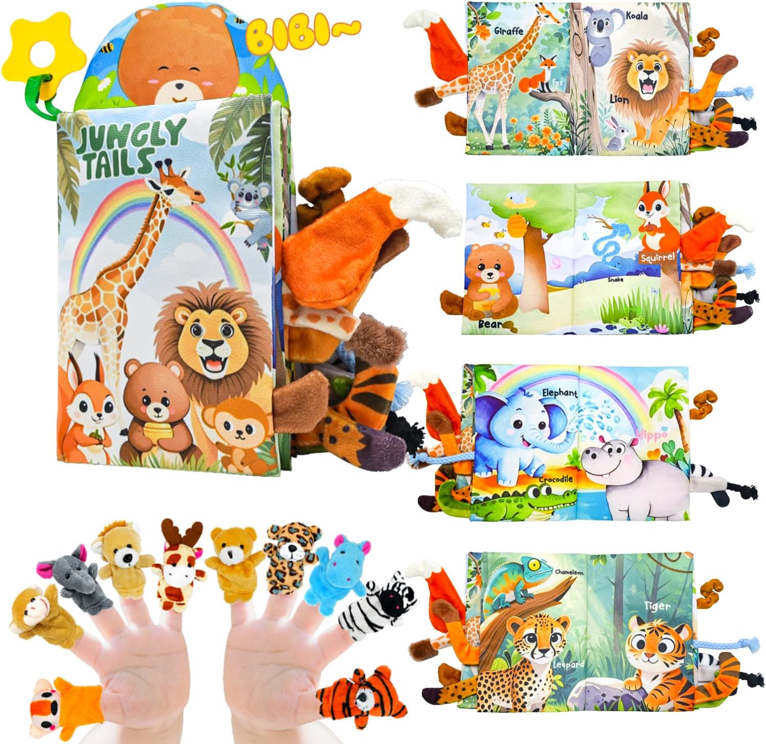 Baby Toys 0-6 Month, Crinkle Books for Babies, Jungle Tails Soft Baby Cloth Books 6 to 12 Months with 10 Pcs Jungle Animal Finger Puppets, Infant Tummy Time Sensory Toys, Newborn Gifts for Boys Girls