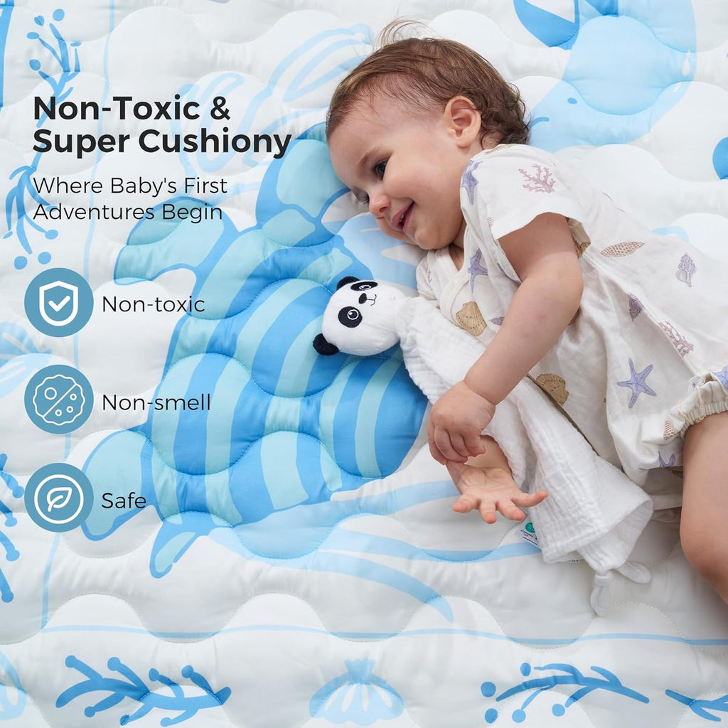 Momcozy Baby Play Mat for Floor, 50x50 Thickened Playpen Mat, Playmate for Baby Tummy Time, Waterproof & Non-Slip, Foldable Outdoor Mat with Carrying Handle, Ocean Theam