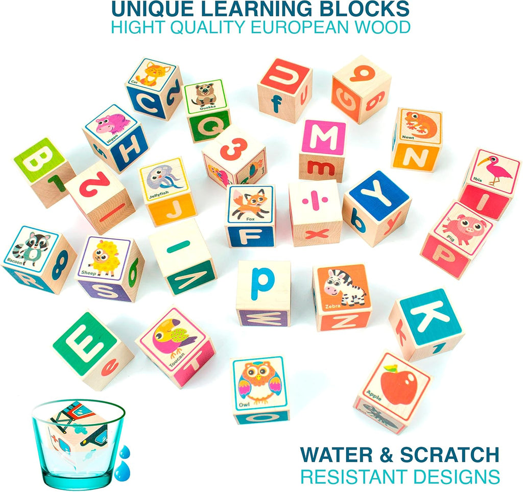 QUOKKA Wooden Blocks for Toddlers 1-3 - 26 ABC Learning Baby Blocks for Kids 3-5 Year Olds Stacking Alphabet Wood Toys for 2-4 yo - Educational with Letters Numbers